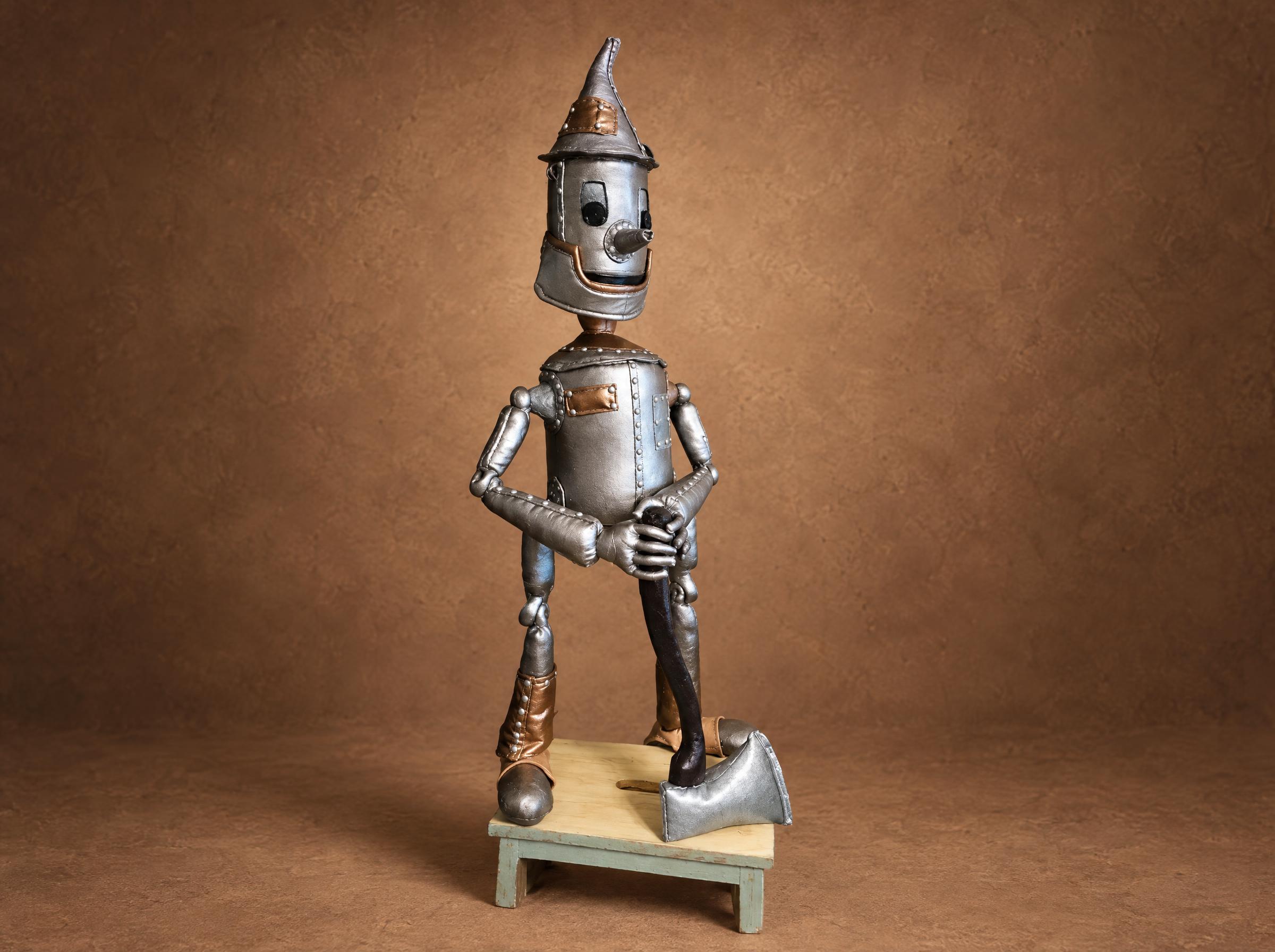 Tin Man Doll with His Axe, Made to Order Handmade Tin Man doll from The Wizard of Oz leaning on his silver axe, a custom Iron Woodcutter made to order