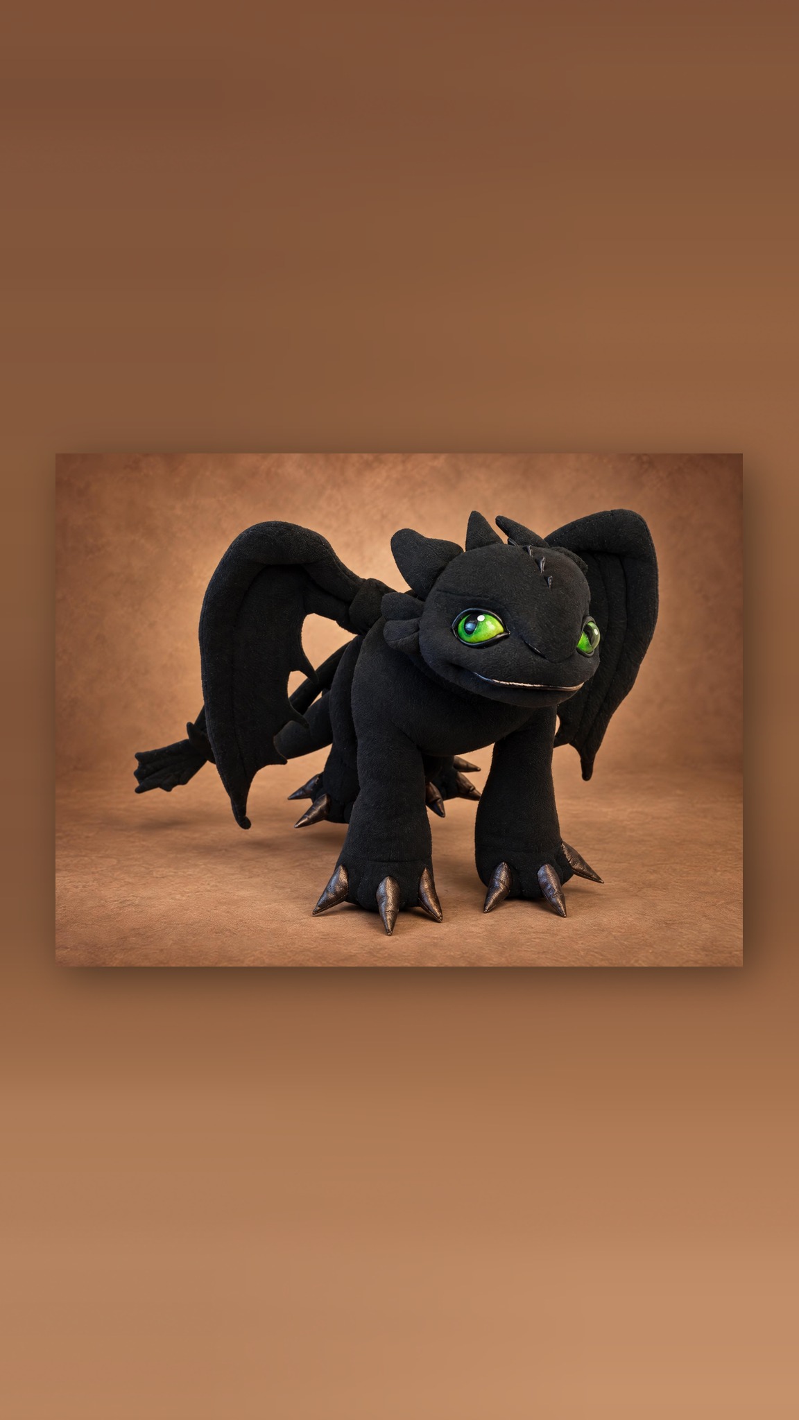 Green-eyed Toothless plush with spread wings and bronze claws, handmade Night Fury toy made to order