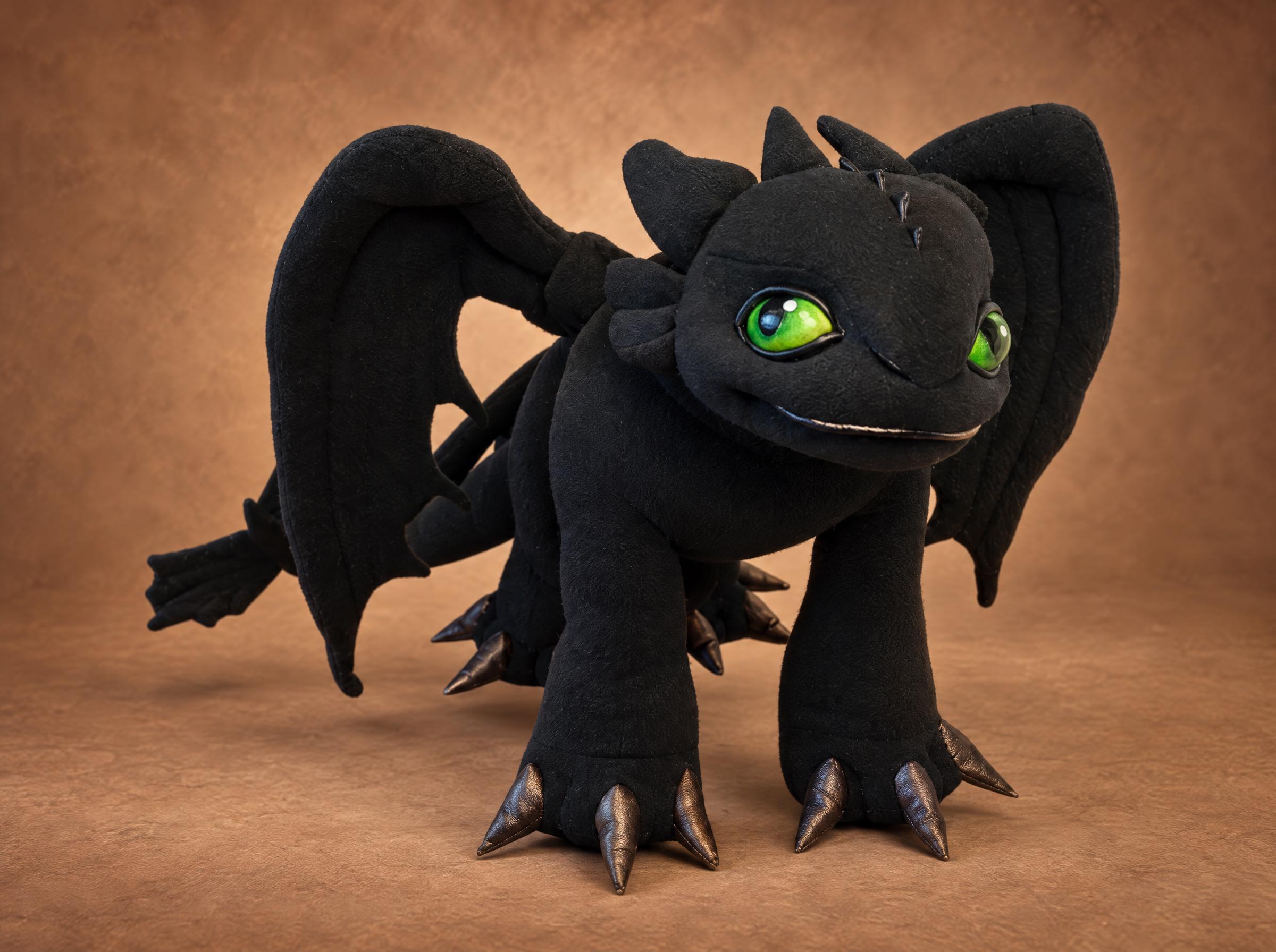 Toothless plush with bright green eyes, custom made Toothless plush with bright green eyes and spread wings, a custom Night Fury sewn by hand to order
