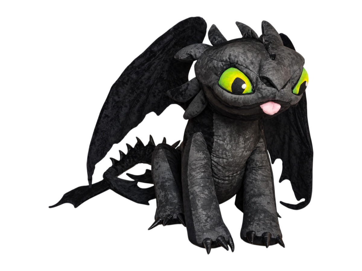 Custom Toothless plush made to order by hand: black Night Fury, green eyes, wide wings, cheeky pink tongue