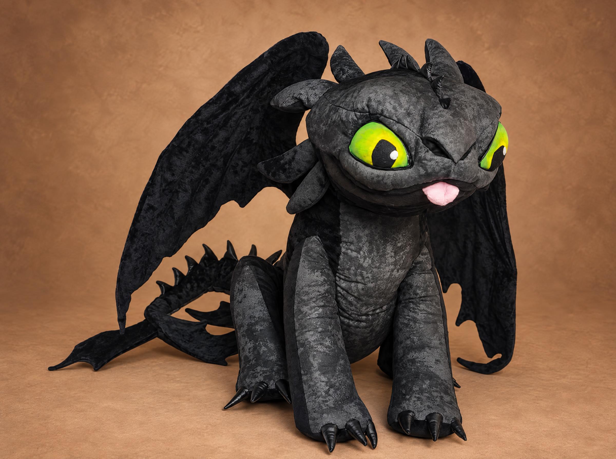 Toothless plush with tongue out, handmade Night Fury made to order Toothless plush with his pink tongue out and yellow-green eyes, a handmade Night Fury sewn to order