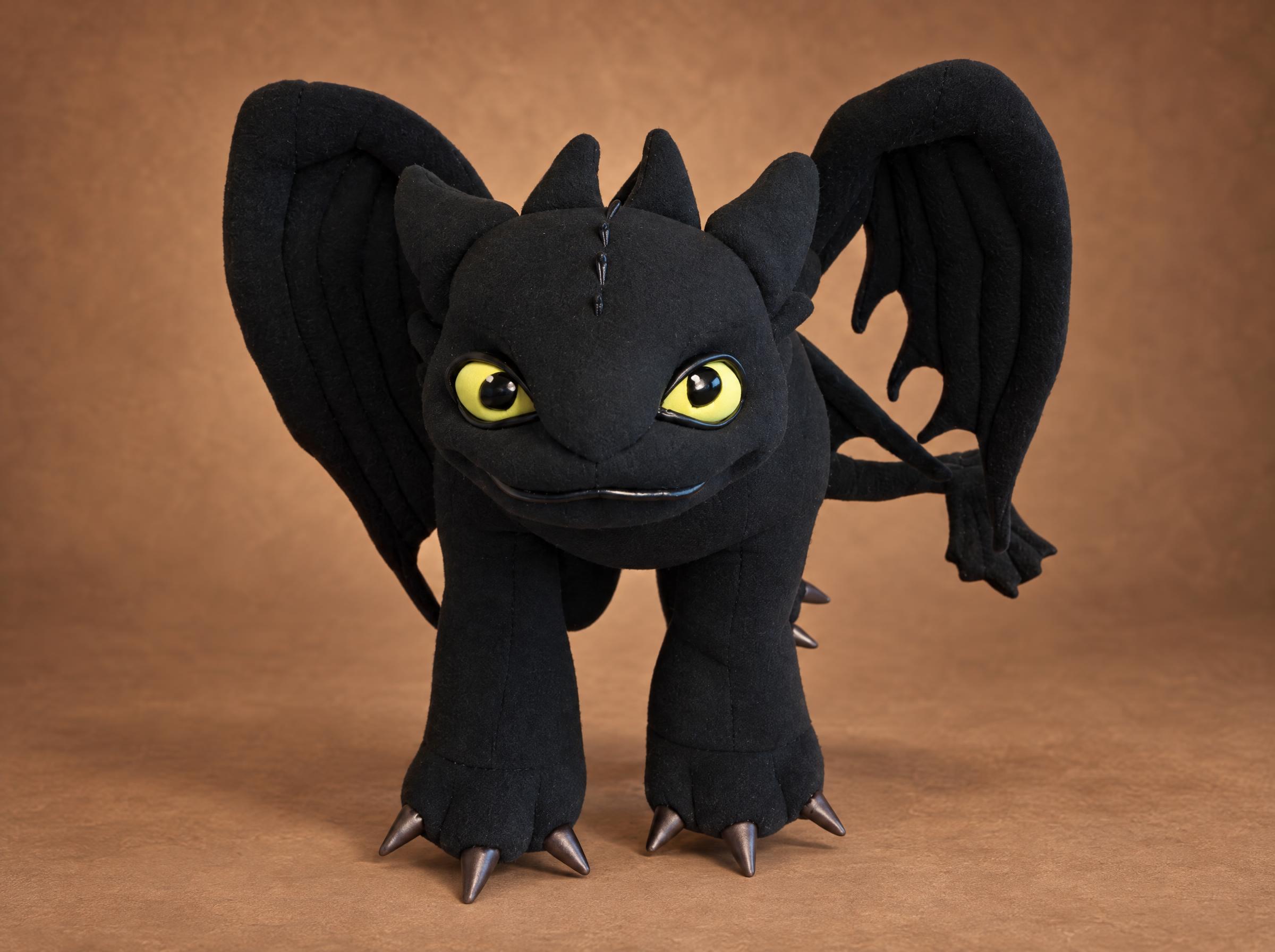 Toothless stuffed animal with wings spread wide Toothless stuffed animal with both wings spread wide, yellow eyes and bronze claws, handmade Night Fury