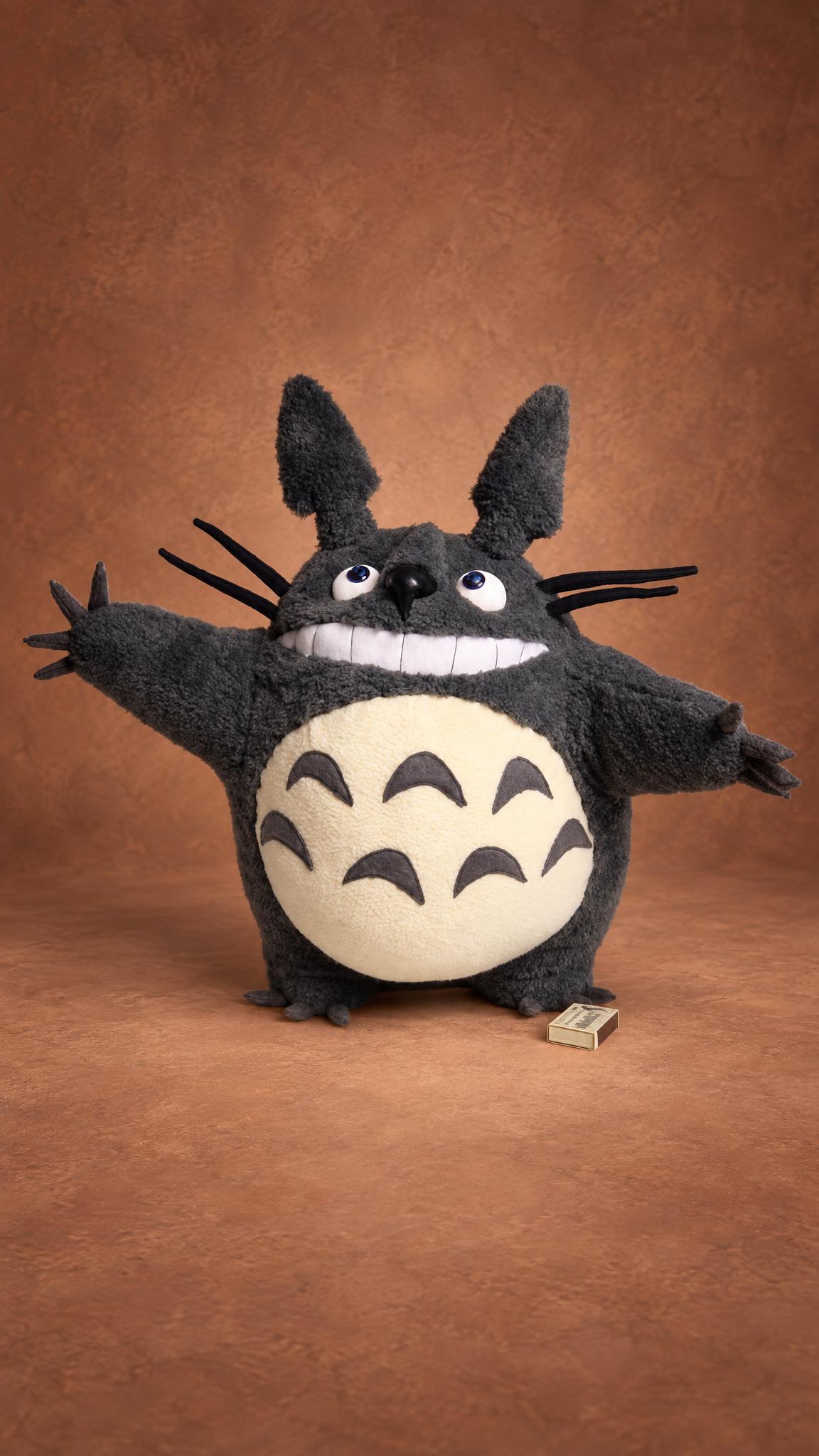 Another custom Totoro plush we made in 2010: grey fur, arms wide open, blue eyes looking up, a cream belly