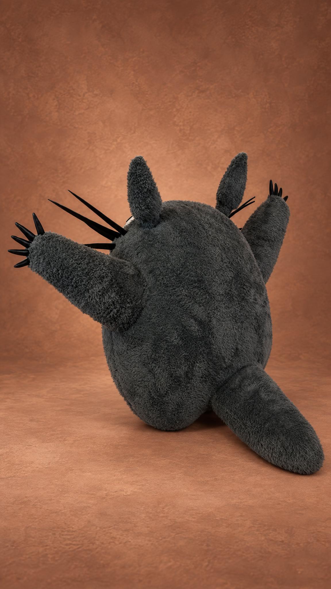 Totoro plush stuffed animal made to order: shaggy grey fur back, pointed ears and a soft tail, arms raised