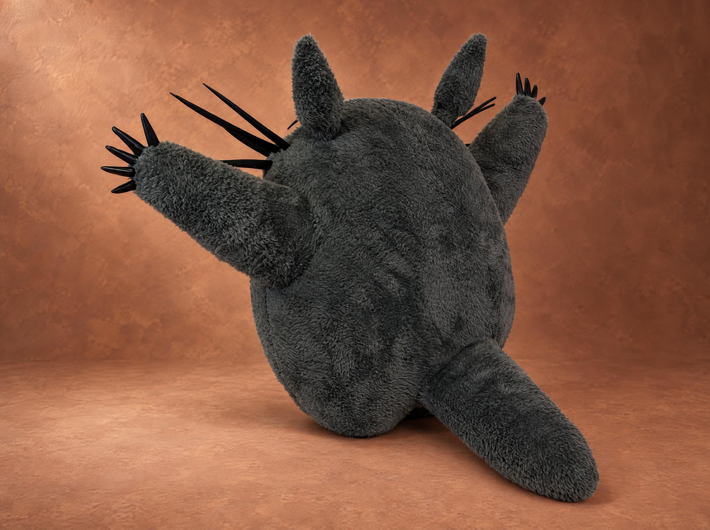 Totoro Plush Stuffed Animal, Grey Fur and Tail, Made to Order Totoro plush stuffed animal made to order: shaggy grey fur back, pointed ears and a soft tail, arms raised
