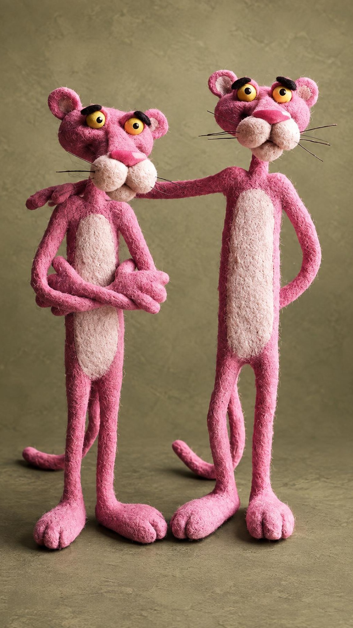 Pink Panther plush pair needle-felted from pink wool, arm around a friend, handmade to order