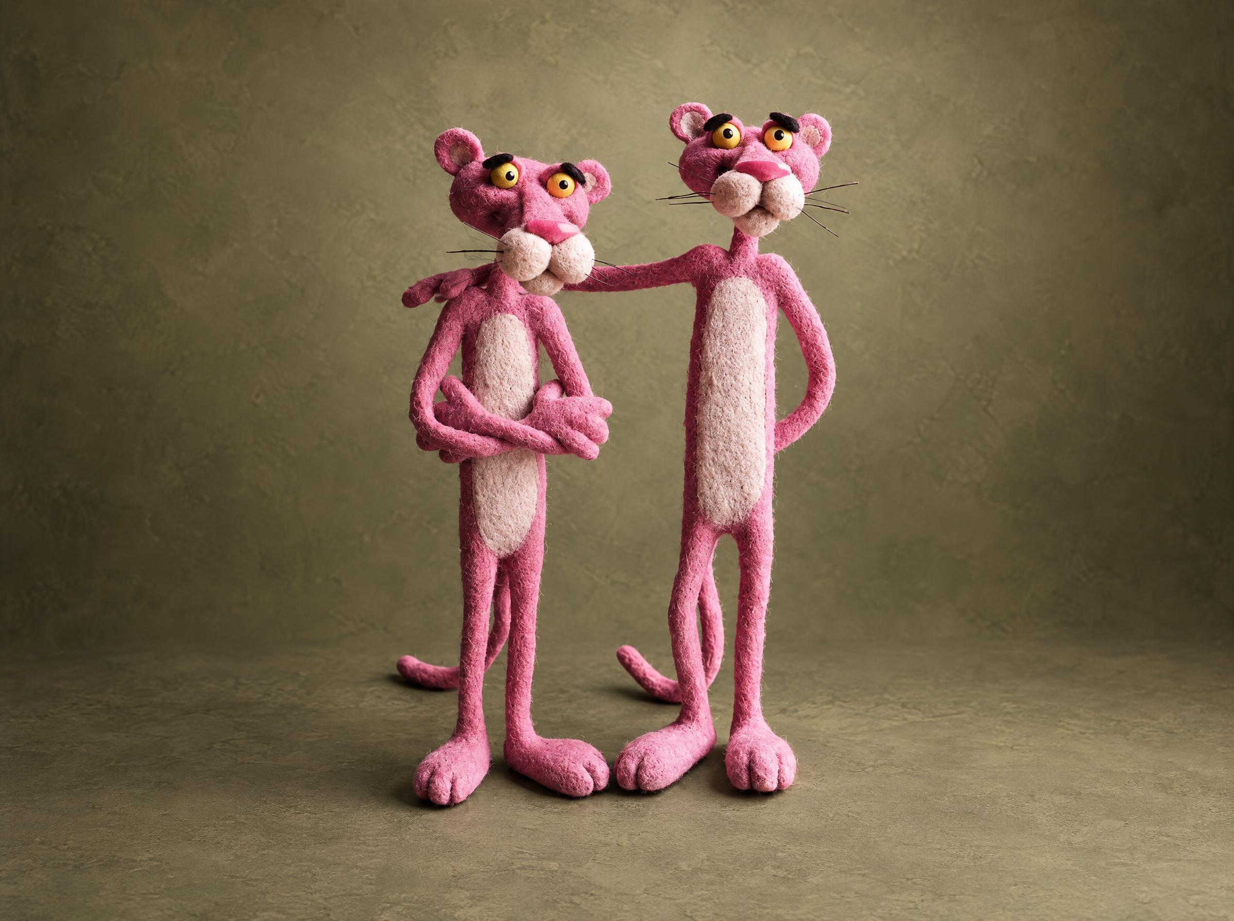 Pink Panther plush pair, needle-felted wool Two Pink Panther plush figures needle-felted from wool, one arm over the other, a custom pair made to order