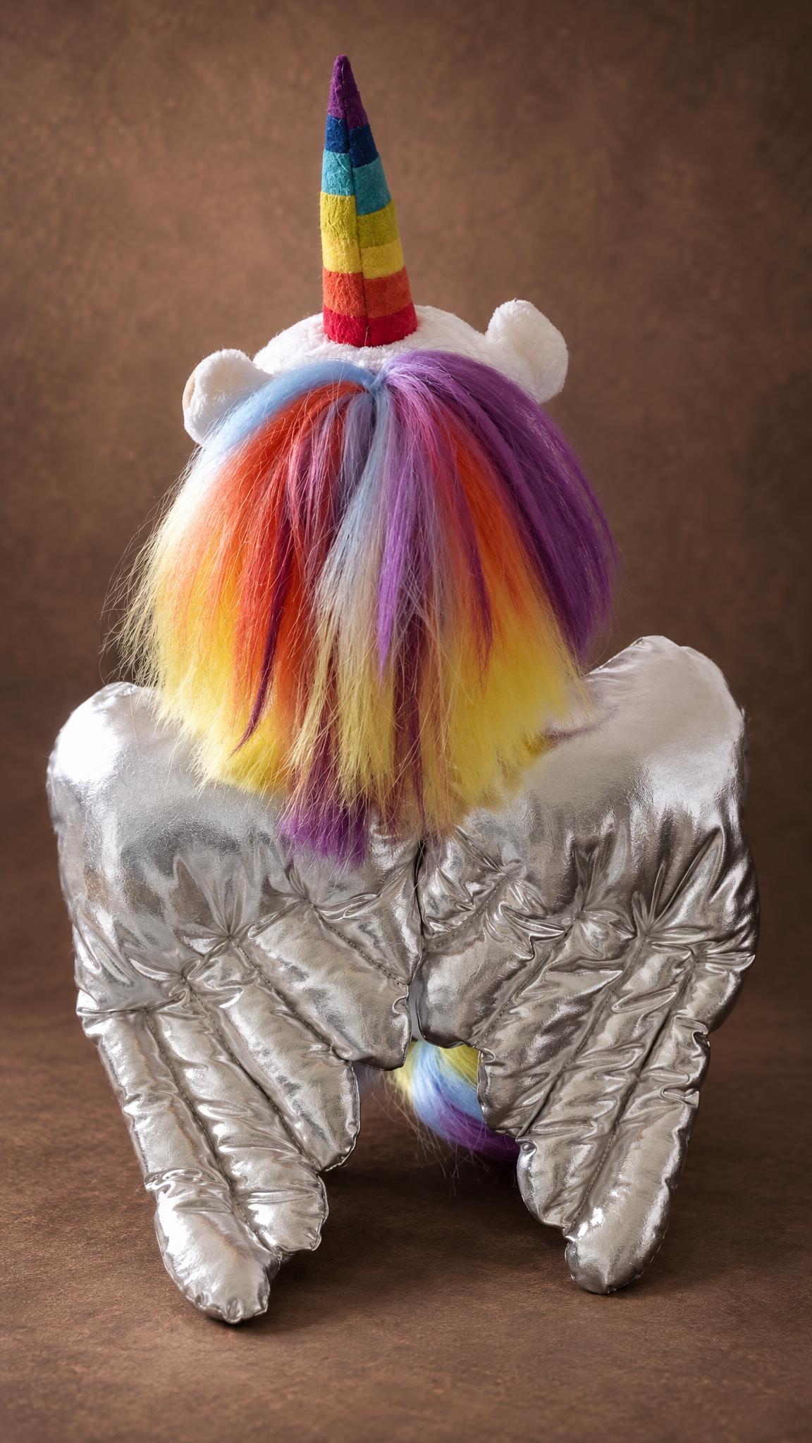 Winged unicorn stuffed animal with a rainbow mane and silver quilted wings, handmade from a child's drawing