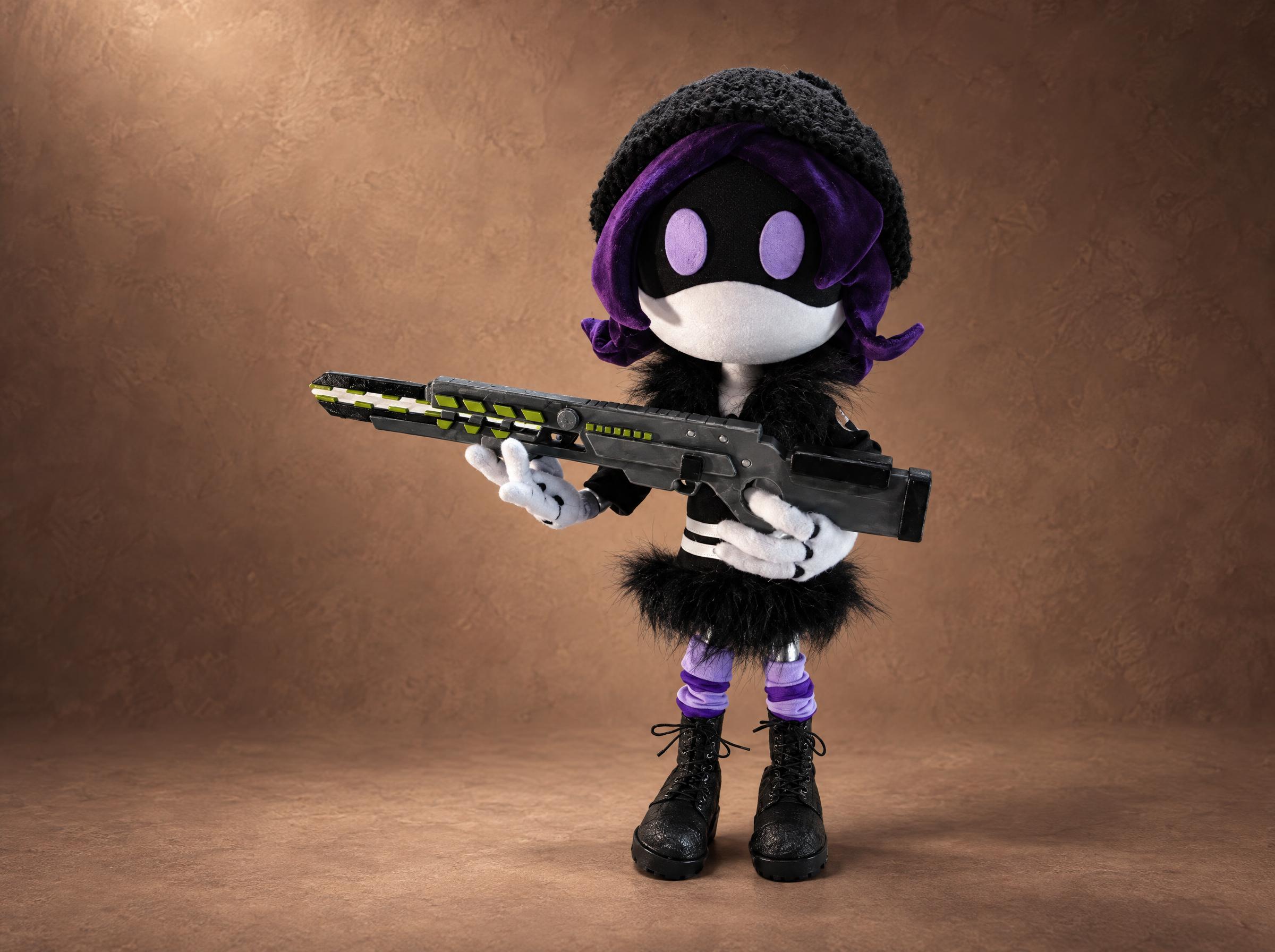 Uzi plush from Murder Drones holding her railgun, purple hair, grey beanie and black boots, sewn to order