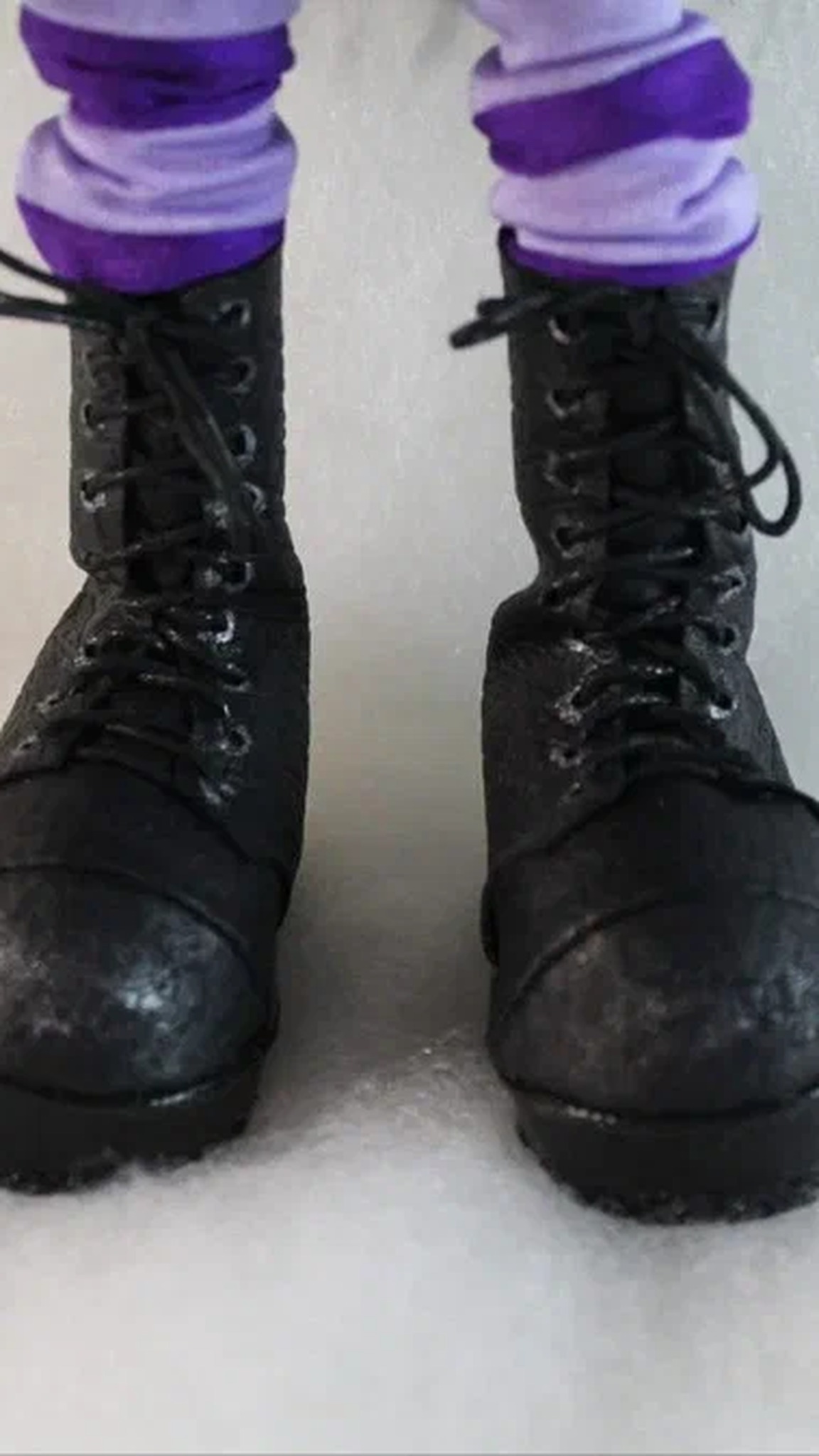 Uzi plush laced black boots and purple striped socks, a Murder Drones doll sewn to order
