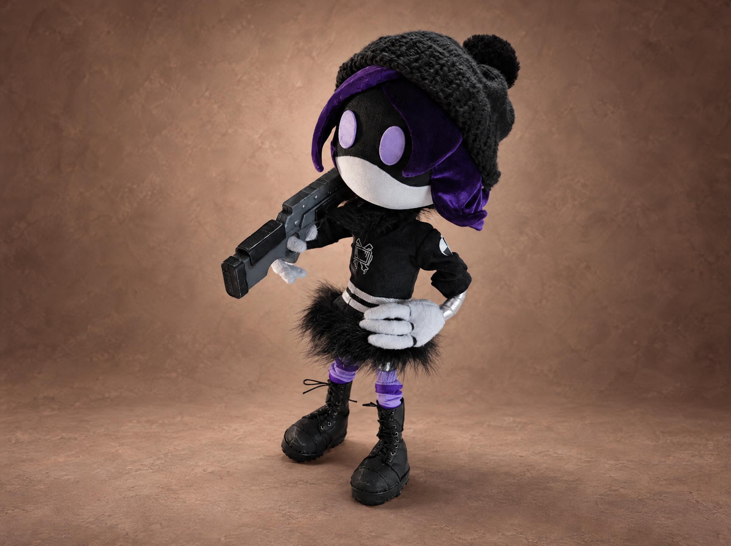 Uzi plush, aiming the railgun Uzi plush aiming her railgun, purple hair and grey beanie, a Murder Drones character sewn to order