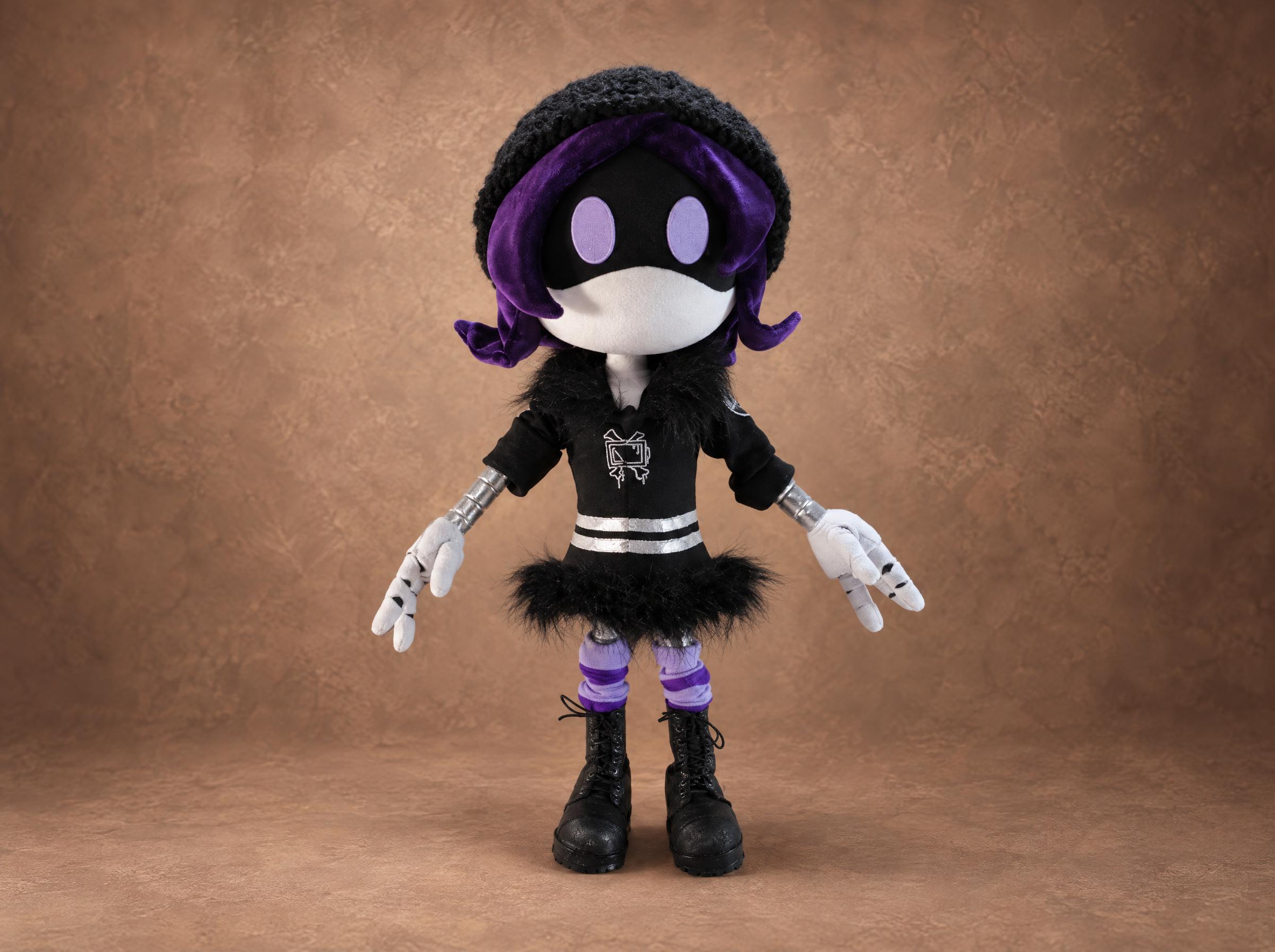 Uzi plush, the full Murder Drones outfit Uzi Murder Drones plush in her full outfit: beanie, black fur skirt, striped socks and boots, handmade to order
