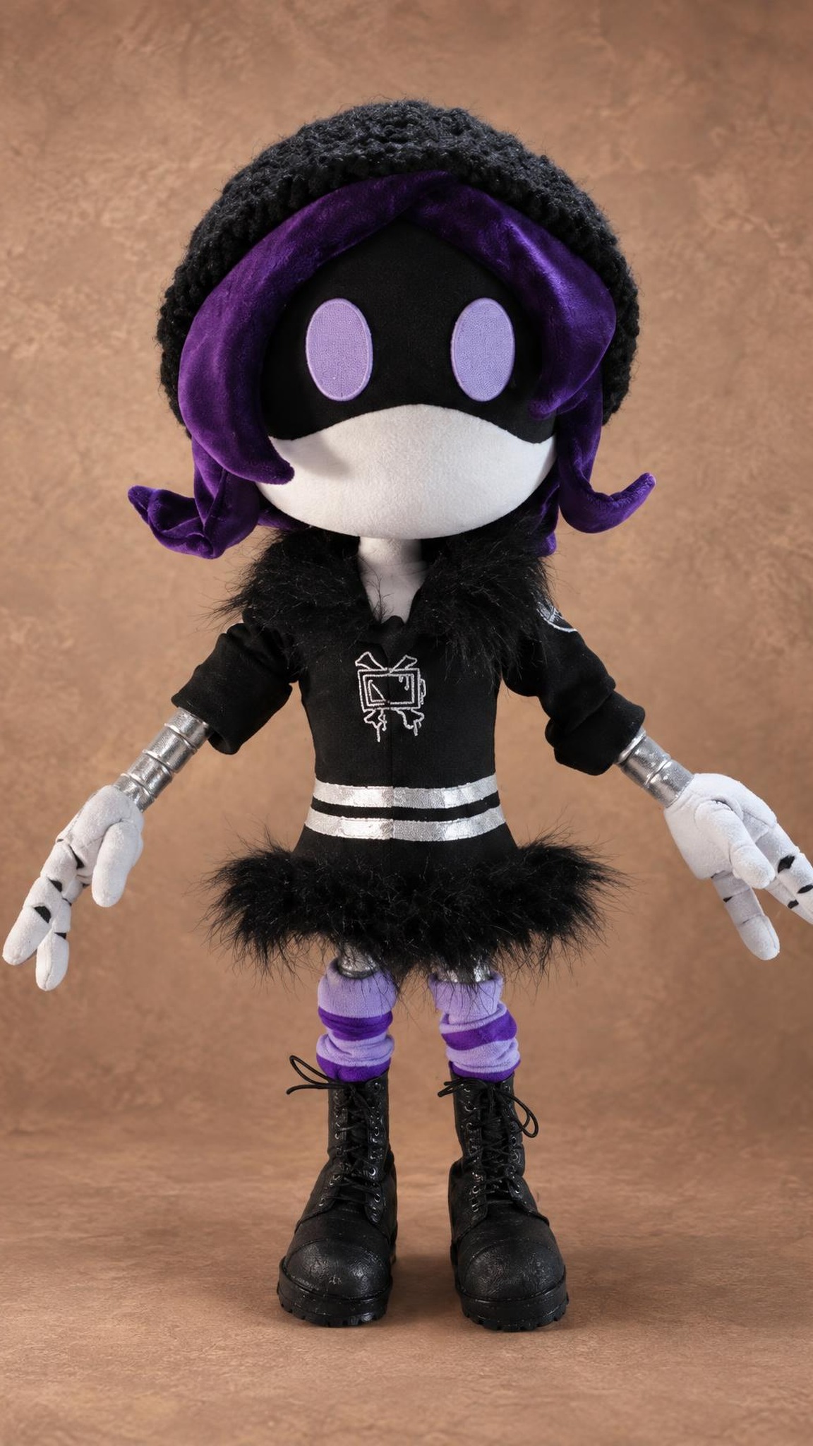 Uzi Murder Drones plush in her full outfit: beanie, black fur skirt, striped socks and boots, handmade to order