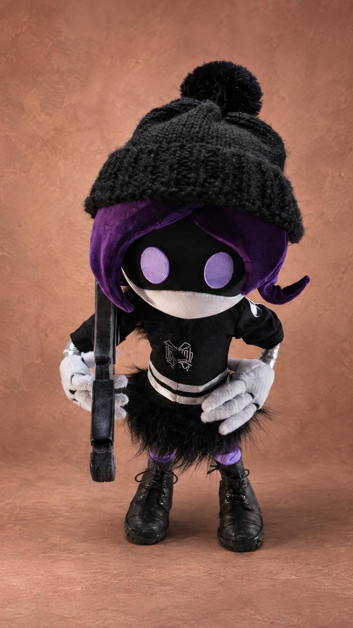 Uzi plush with the railgun over her shoulder and white gloved hands, a Murder Drones doll made to order