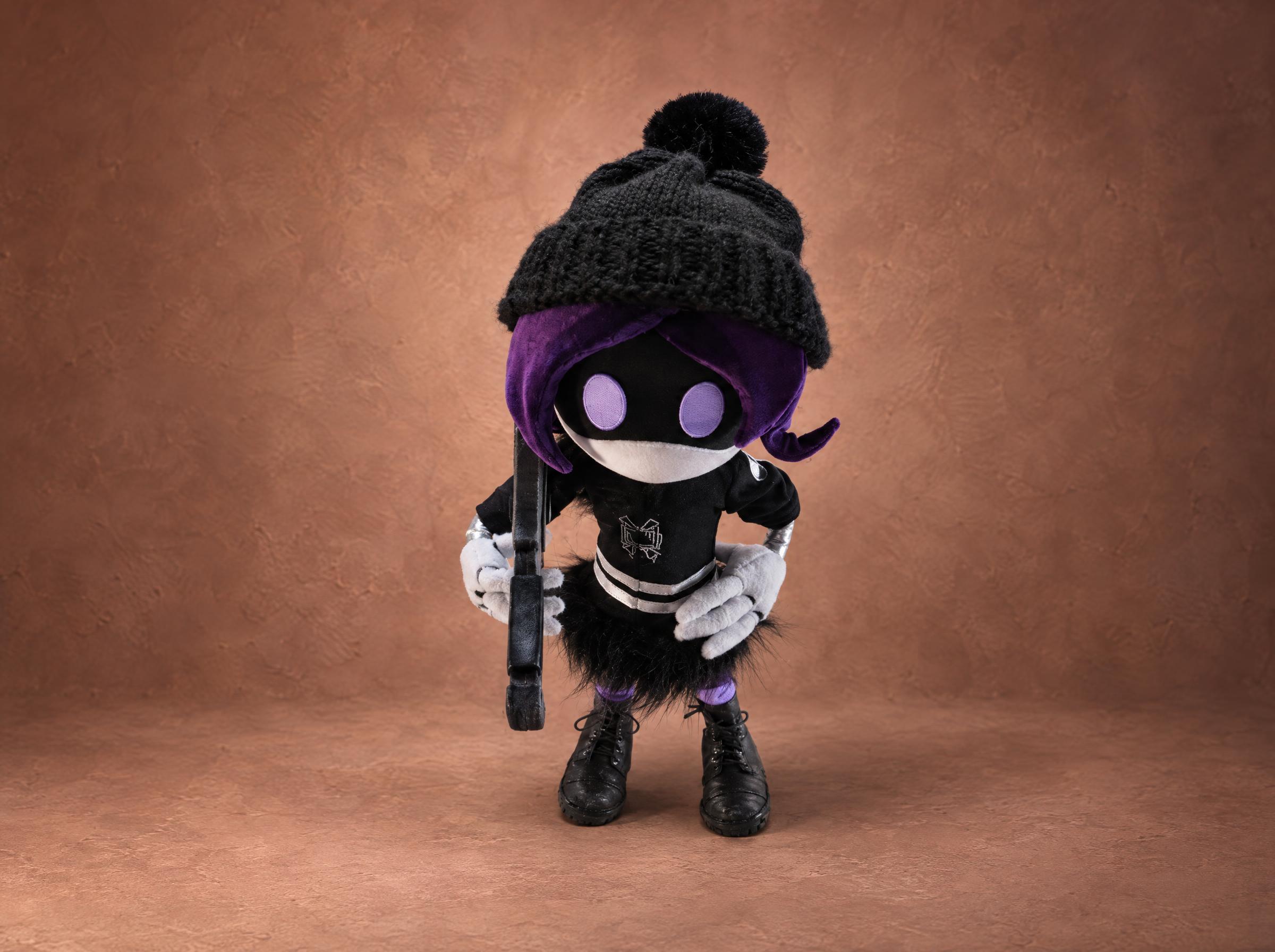 Uzi plush, railgun over her shoulder Uzi plush with the railgun over her shoulder and white gloved hands, a Murder Drones doll made to order