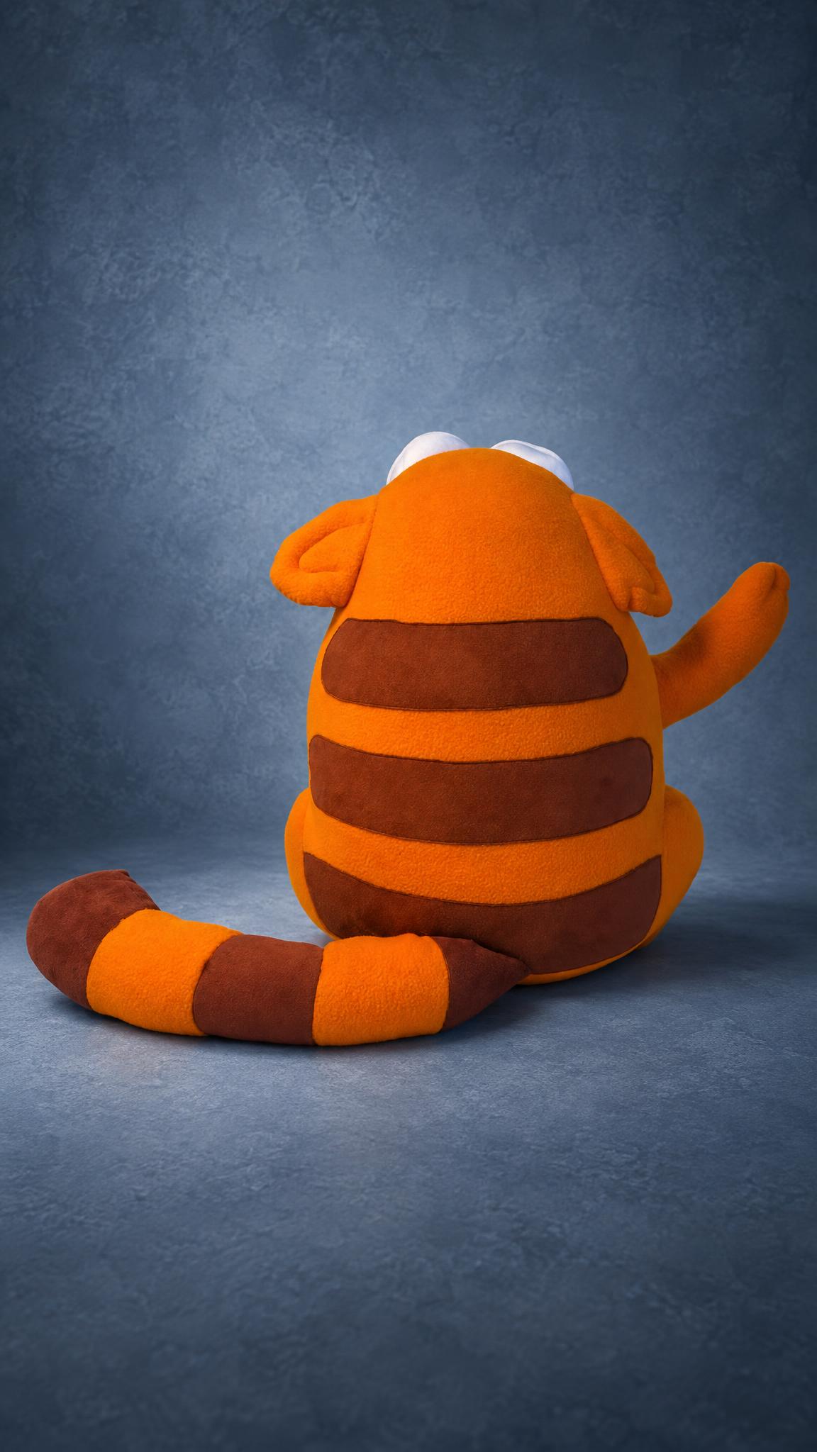 Viber cat plush toy with brown back stripes and a striped tail, a sticker character sewn to order