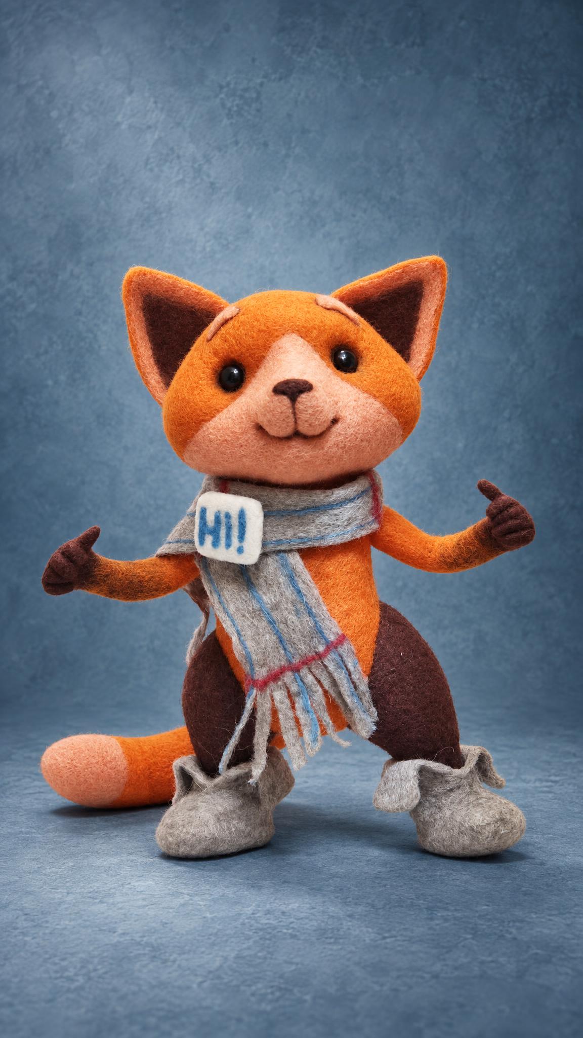 Needle-felted Viber fox toy in a scarf and felt boots, a custom sticker plush made to order
