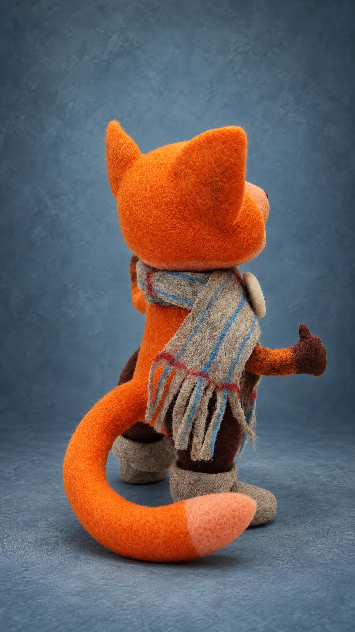 Custom Viber fox toy with a long felted tail and a grey scarf, handmade to order from a sticker