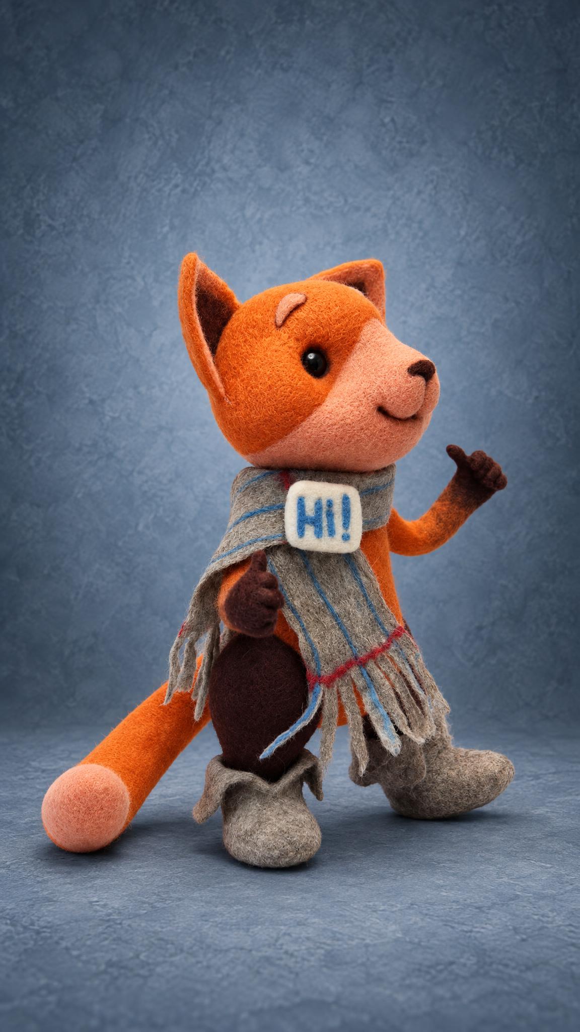 Custom felted Viber fox toy waving hi, a sticker character handmade to order