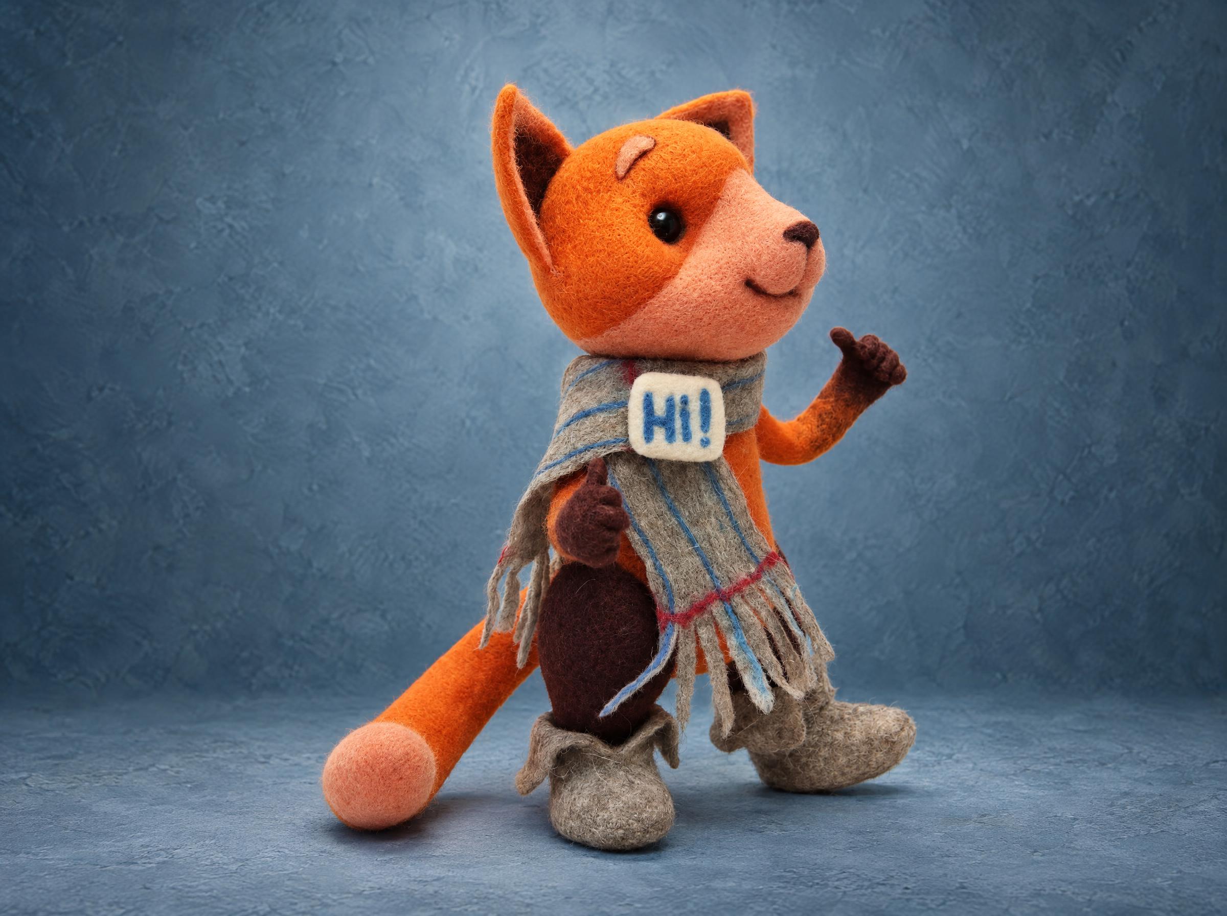 Viber fox toy with a Hi badge on the scarf Viber fox sticker toy walking with a thumb up, felted orange wool, grey scarf with a Hi badge, handmade to order