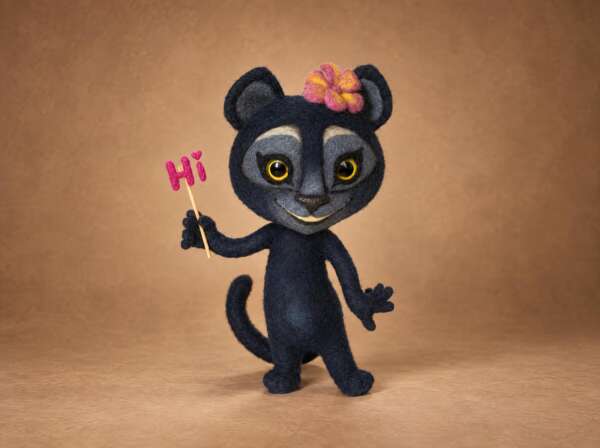 Viber panther toy holding a pink Hi sign, needle-felted black panther with a flower, made to order from a sticker
