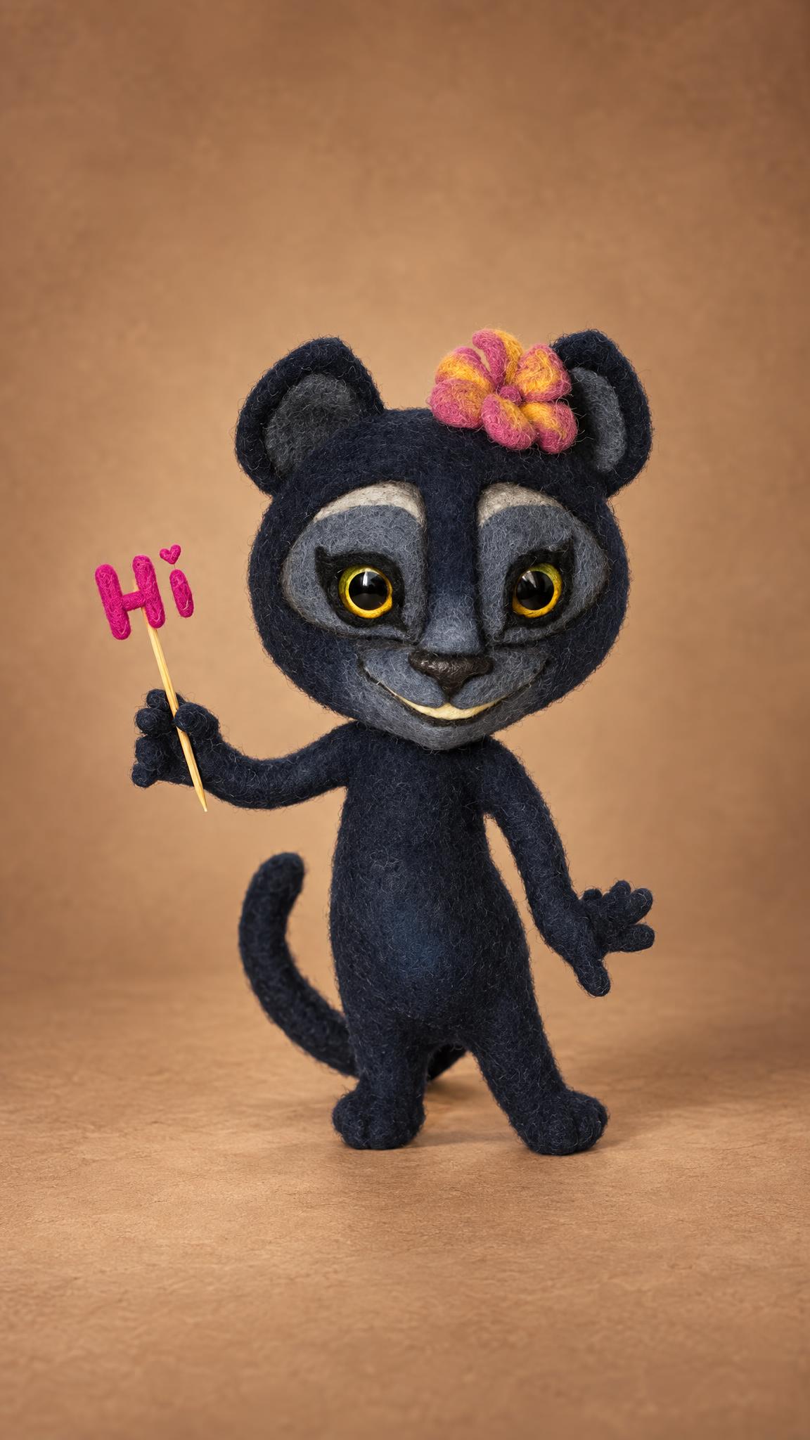 Custom felted panther from a Viber sticker, 25 cm, wire frame so fingers and tail bend, made to order