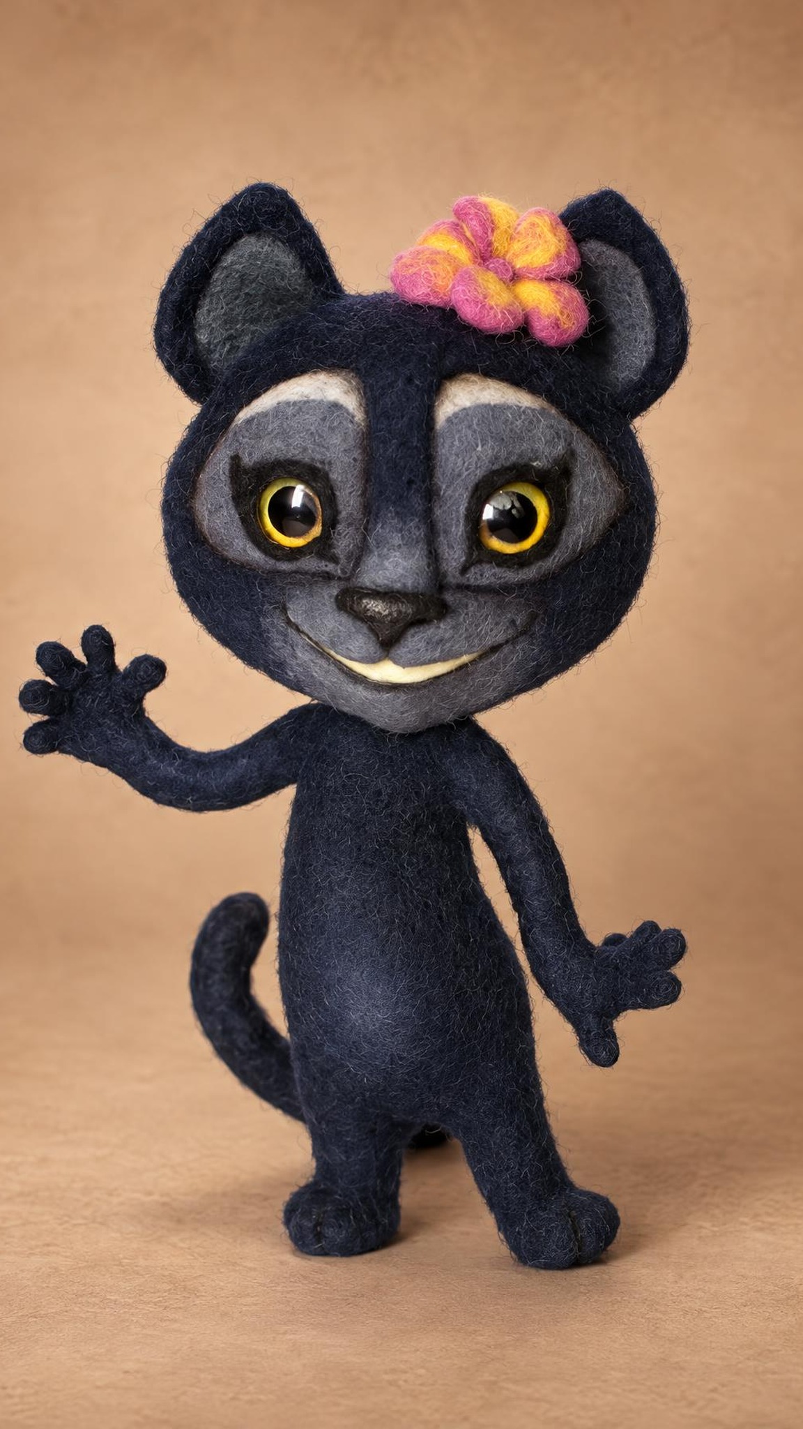 Felted Viber panther toy waving, dark wool with a grey mask and a pink flower, handmade from a sticker to order