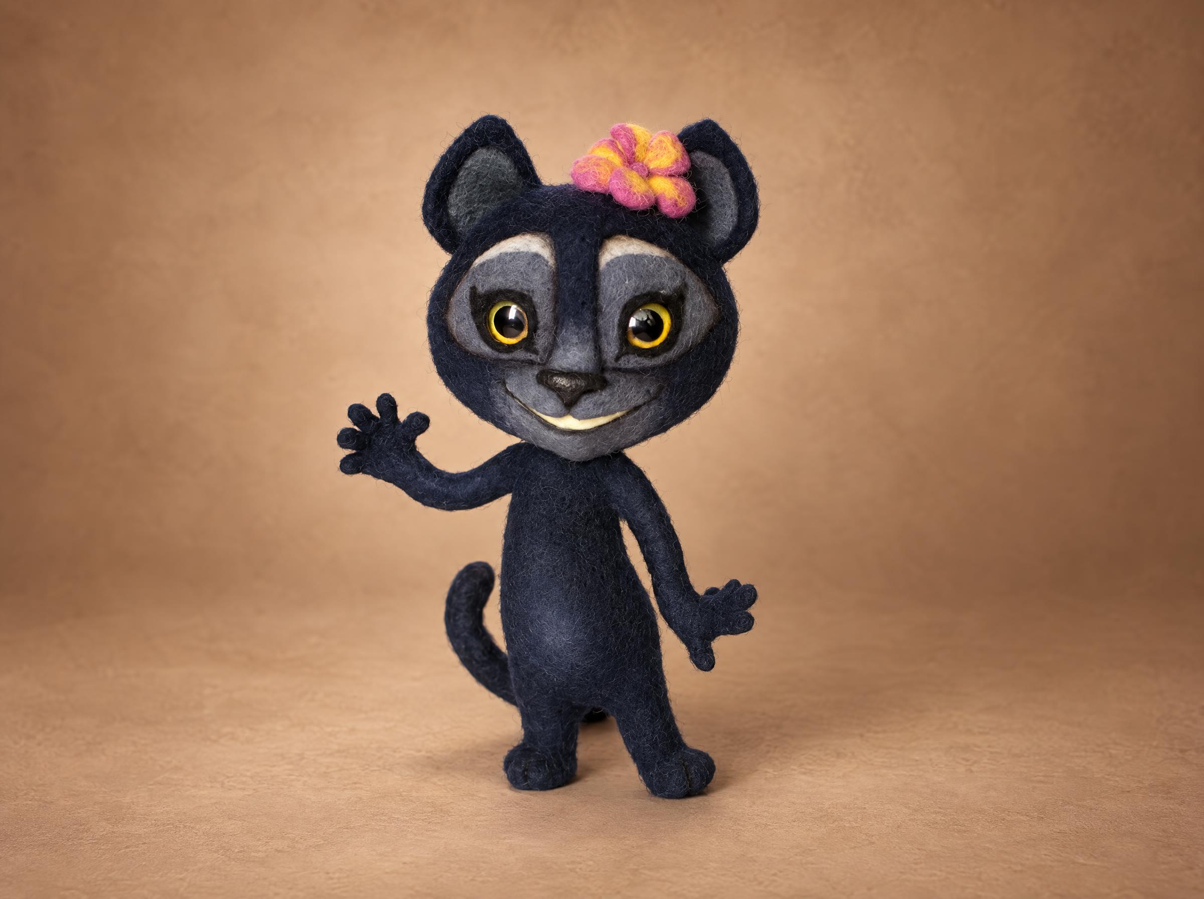 Felted Viber panther toy waving, dark wool with a grey mask and a pink flower, handmade from a sticker to order