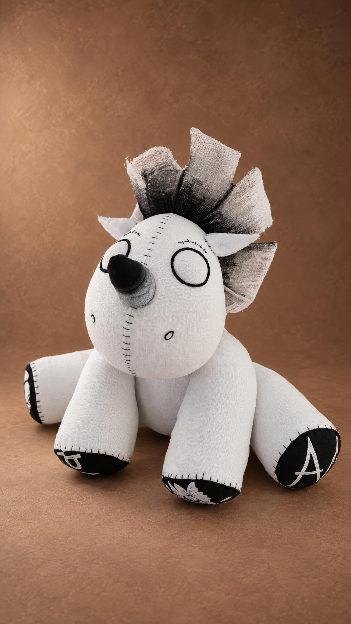 Custom spooky unicorn plush with a stitched face, black horn and skull-printed hooves, made to order