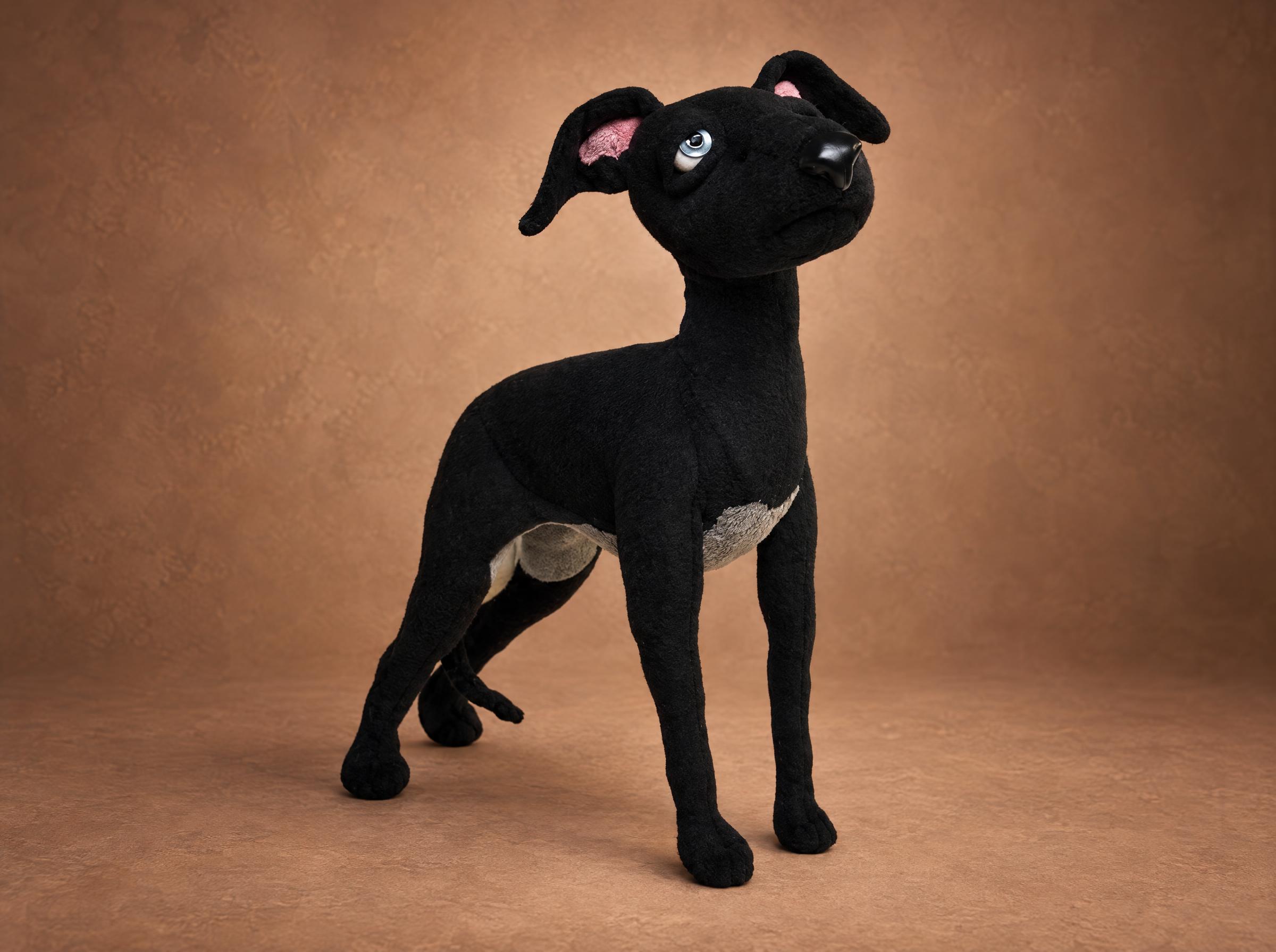 Whippet soft toy, standing Black whippet soft toy standing alert, head raised, slim legs and a deep chest, a custom dog plush made to order