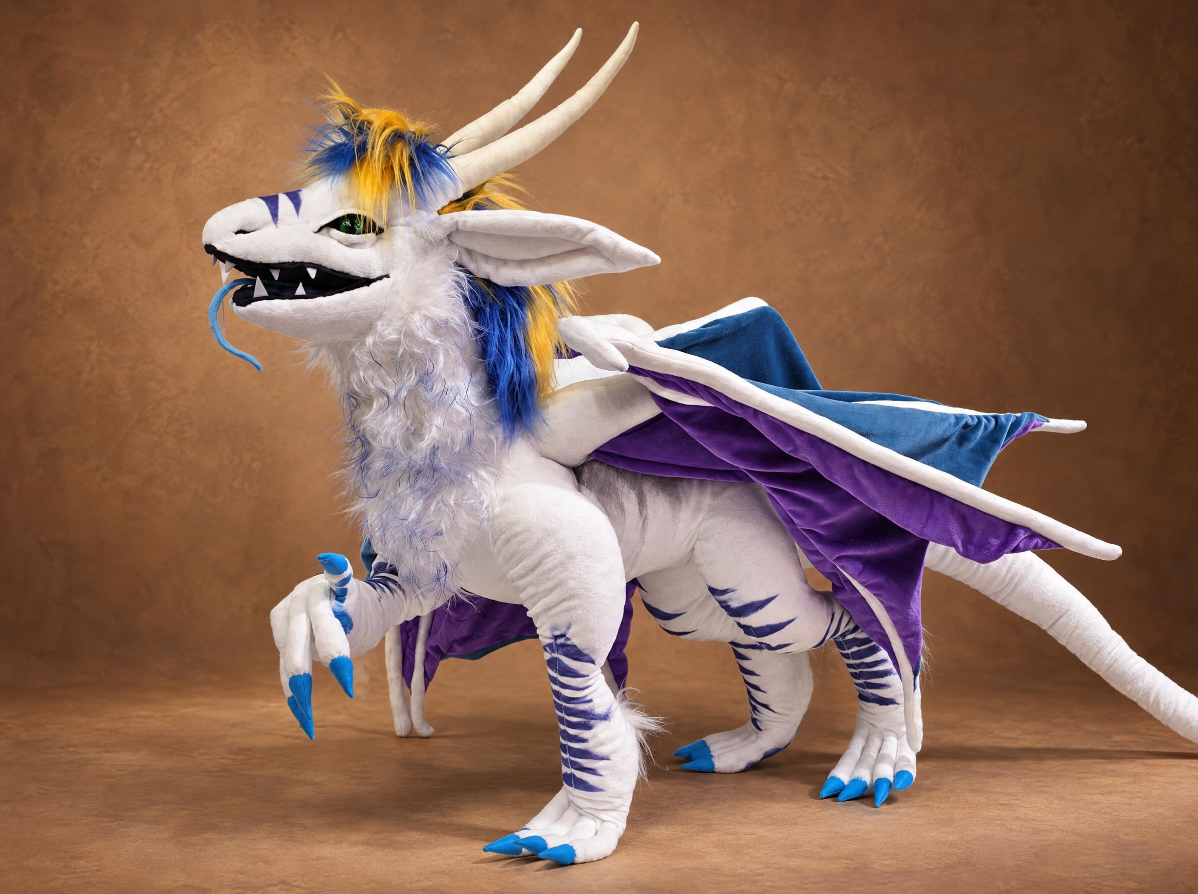 Ice dragon plush with a raised paw, handmade dragon OC Custom ice dragon plush with one front paw raised, green eyes, long cream horns and a blue-yellow fur mane