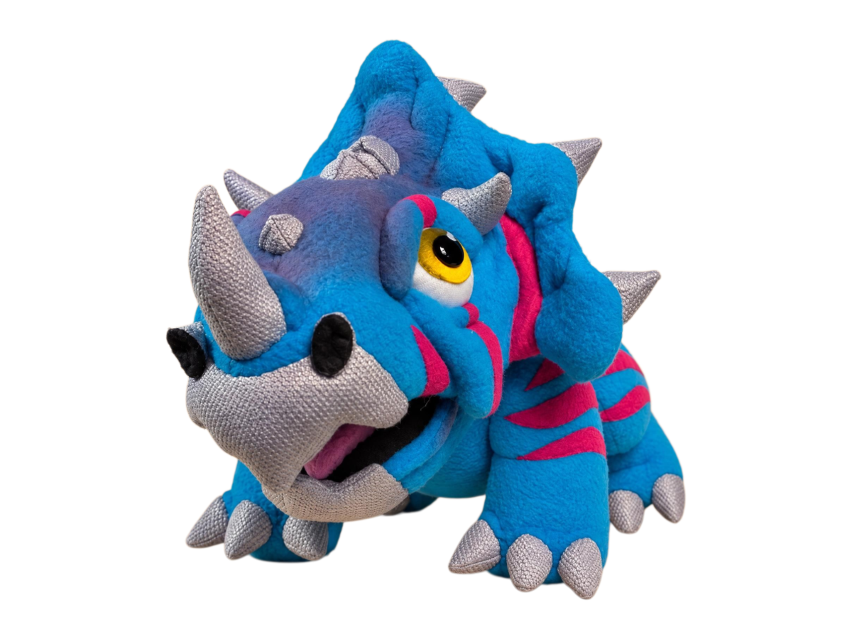 Wildhorn custom triceratops plush, one of a kind, sewn from a drawing: turquoise fleece, magenta stripes, grey horns