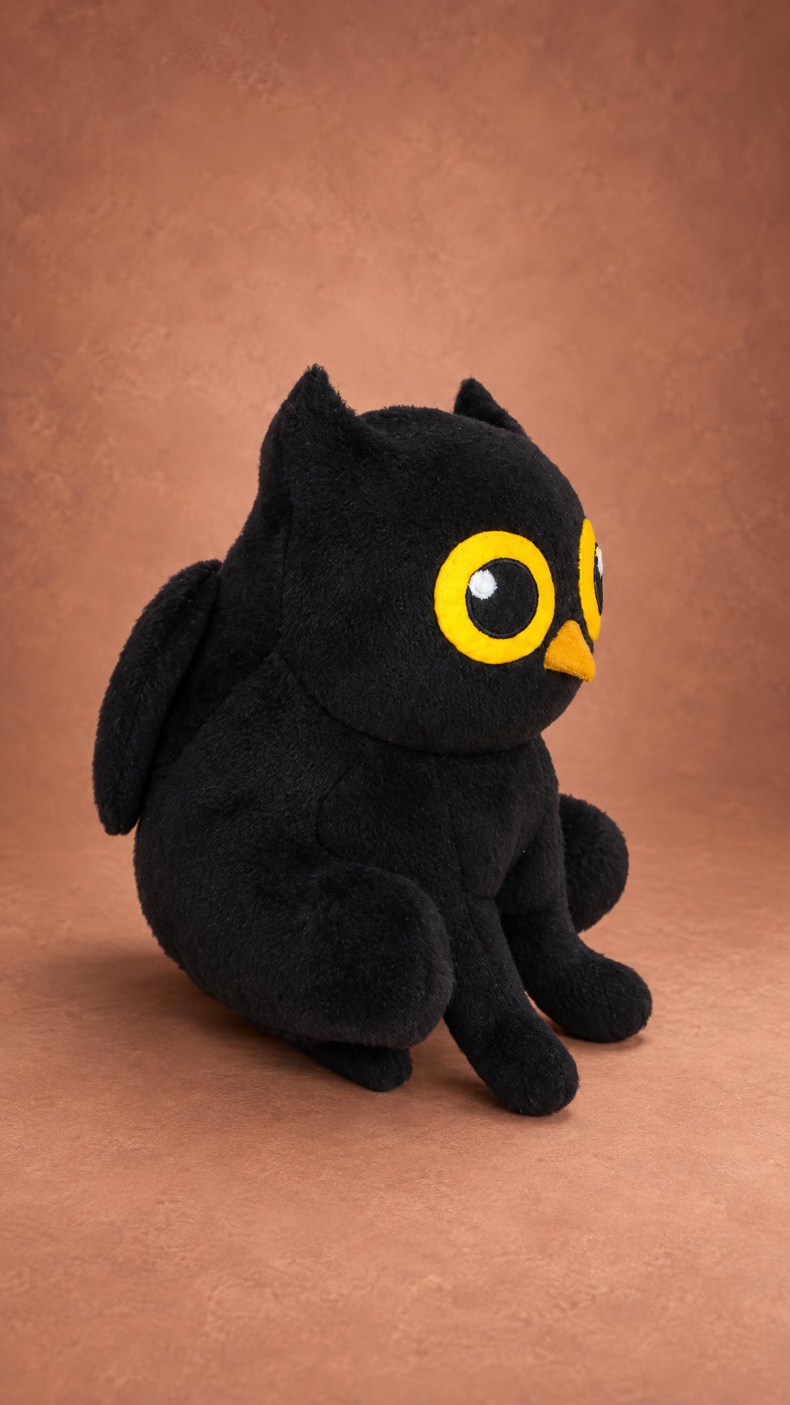 Winged cat plush brand mascot, handmade to order: black fleece wing on the back, owl eyes and a small beak