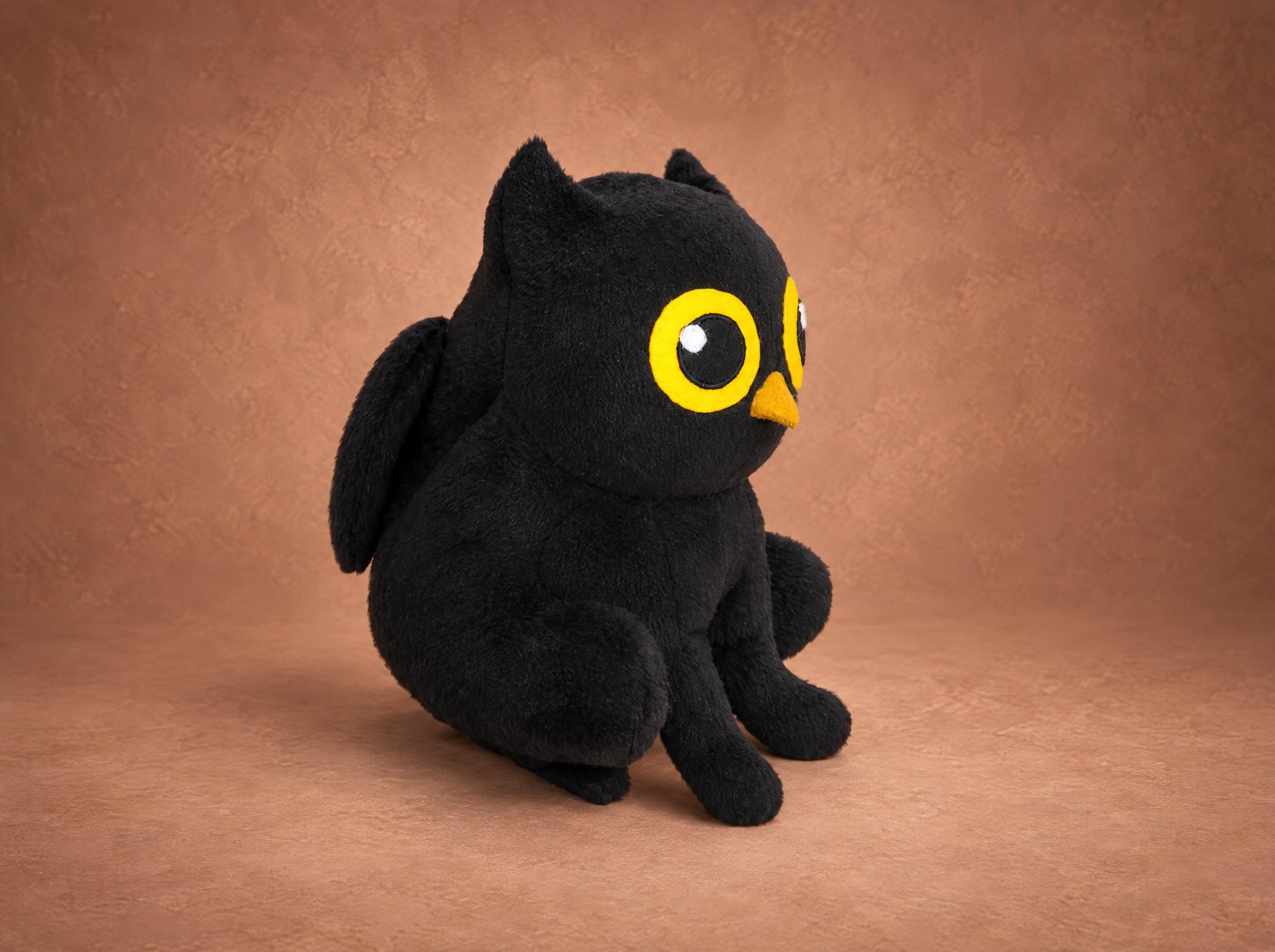 Winged cat plush brand mascot Winged cat plush brand mascot, handmade to order: black fleece wing on the back, owl eyes and a small beak