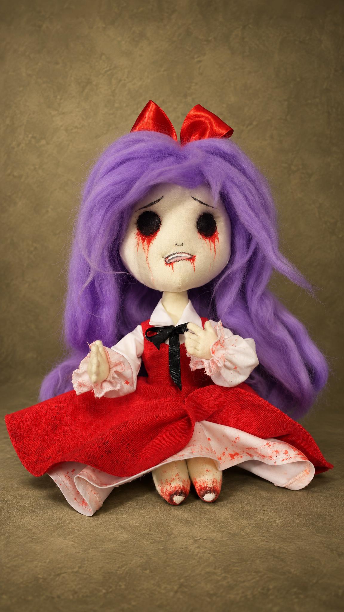 Custom horror doll from The Witch's House with bloody eyes and bloody legs, handmade to order in a red dress