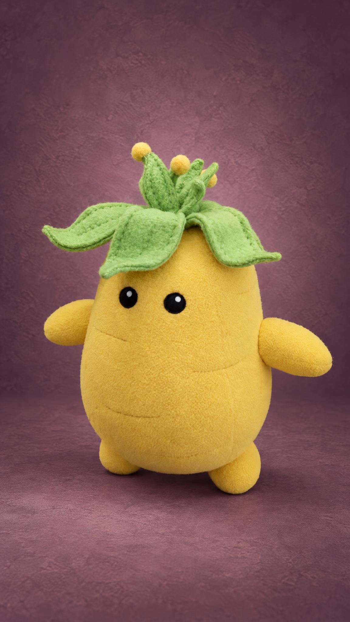 Yellow Jerusalem artichoke plush toy sewn to order from an illustration, fleece with a leaf top