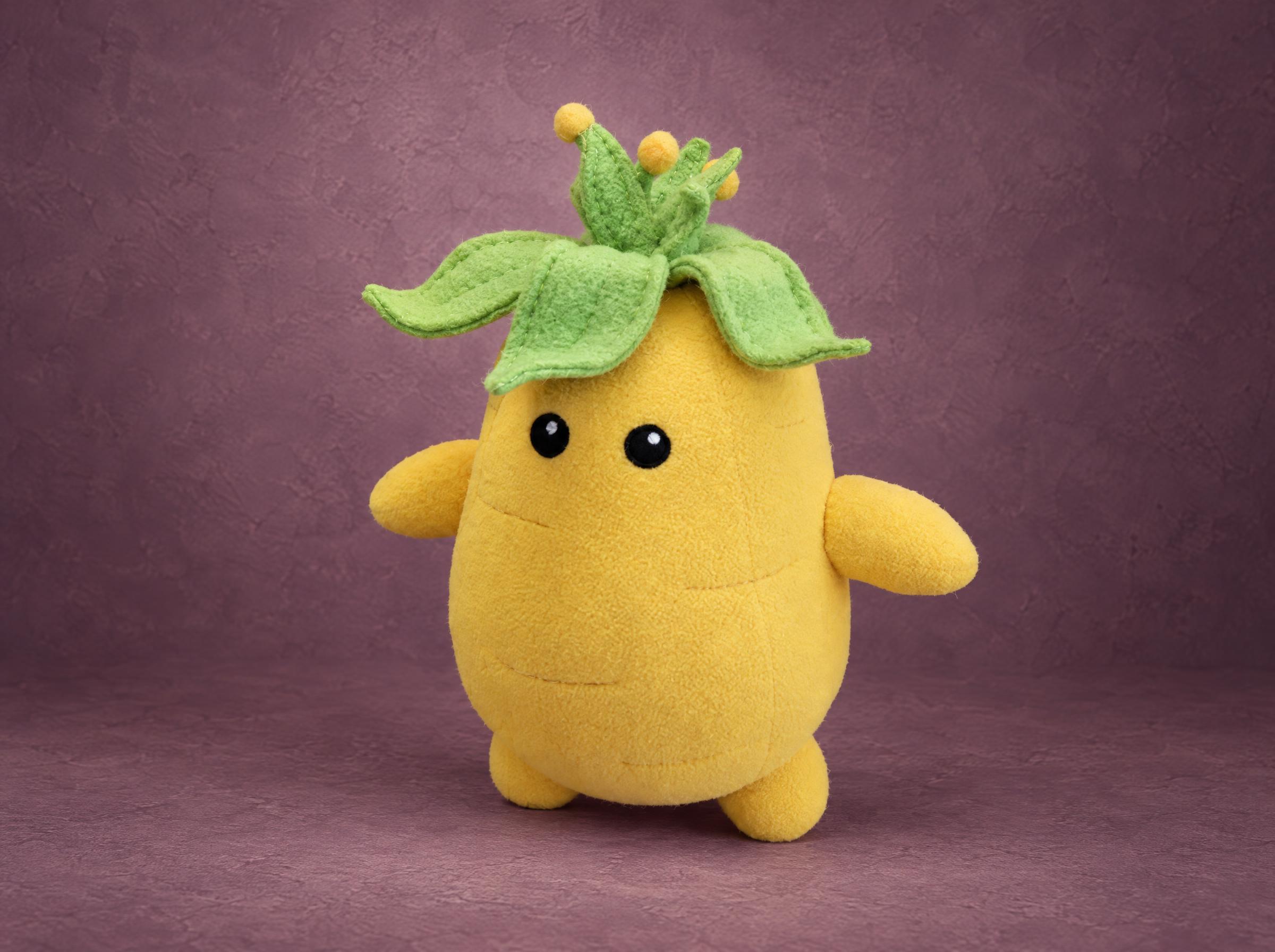 Yellow Jerusalem artichoke plush, made to order Yellow Jerusalem artichoke plush with a green leaf top and dot eyes, a fleece vegetable toy made to order