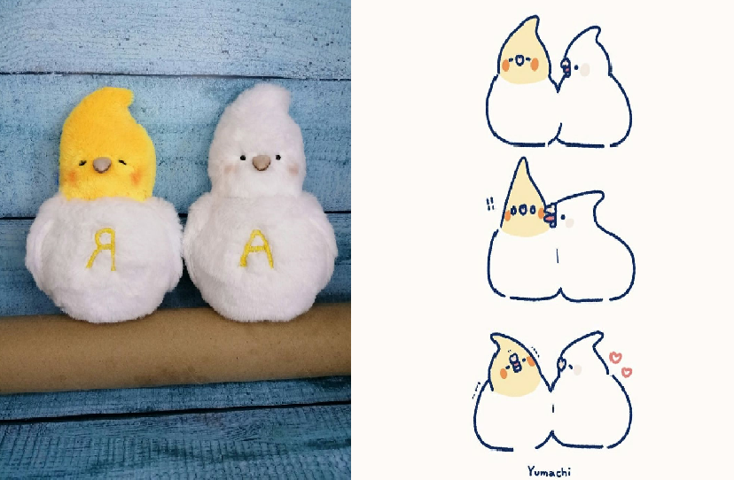 Yumachi’s Two Birds Drawing, Reference for the Love Doves Plush Drawing of two cuddling birds signed Yumachi, the art the customer found, beside our dove plushies made from it