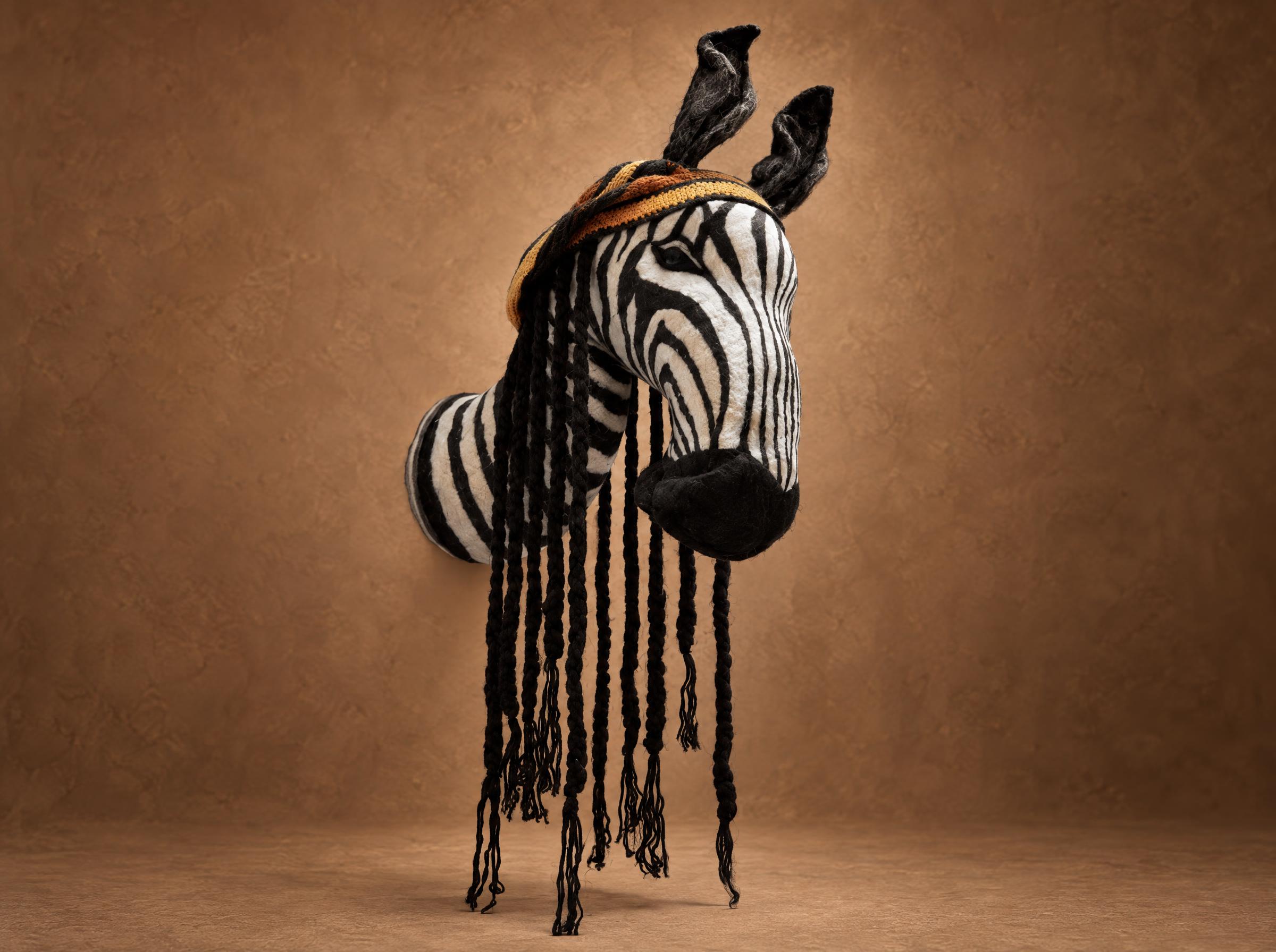 Handmade zebra head faux taxidermy plush, made to order with black-and-white stripes and a yarn mane