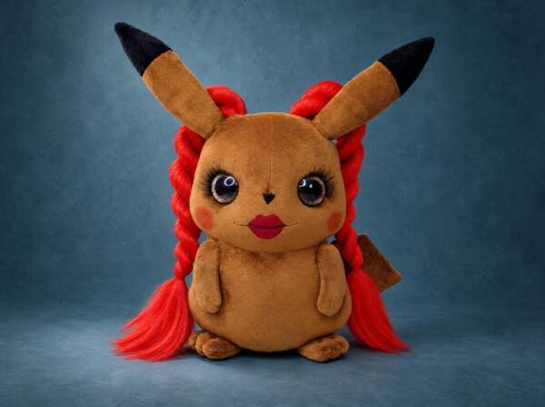 Zoe Wees Pikachu plush: a brown Pikachu with long red braids, long lashes and red lips, a look-alike fan piece sewn to order