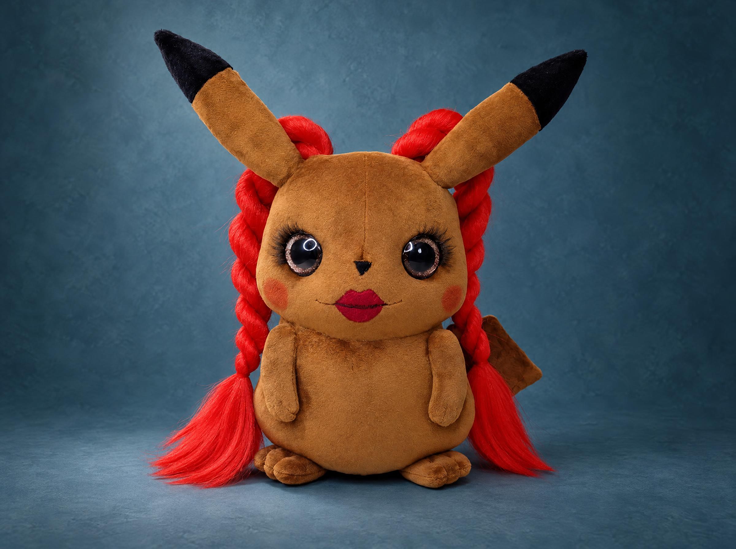 Custom caricature plush made to order: Zoe Wees as a brown Pikachu with long red braids