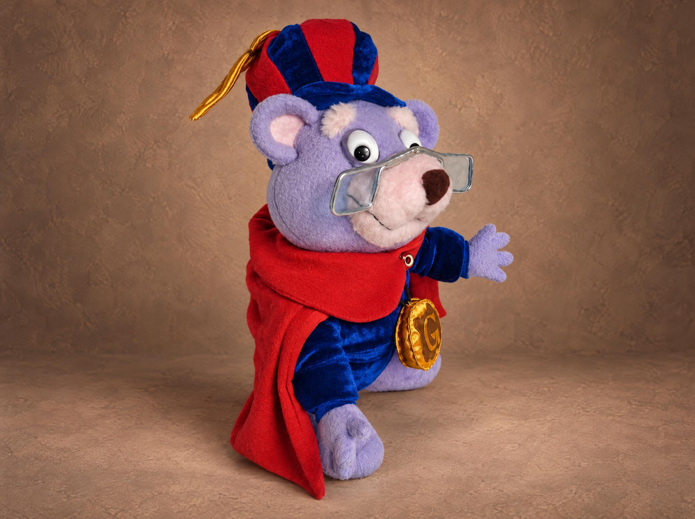 Zummi Gummi plush waving, cape and medallion Zummi Gummi plush waving, blue velvet cape with a red lining and the G medallion, a Gummi Bears toy made to order