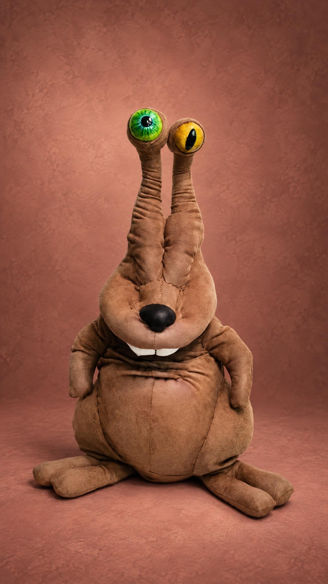 Custom Zuzya snail-rabbit plush with eye stalks and buck teeth, handmade to order