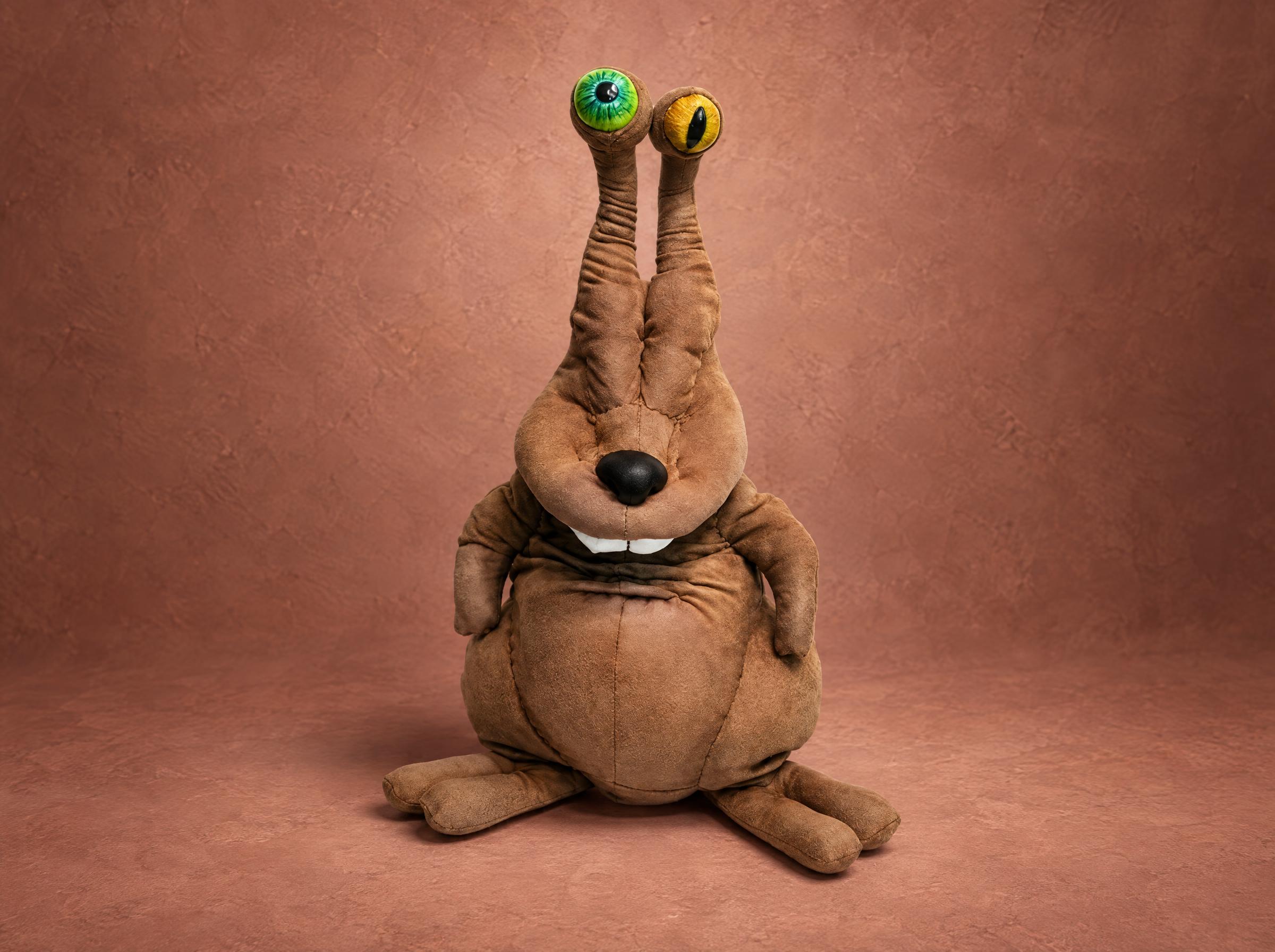 Zuzya the snail-rabbit plush: brown body, two eye stalks with a green and a yellow eye, buck teeth, made to order