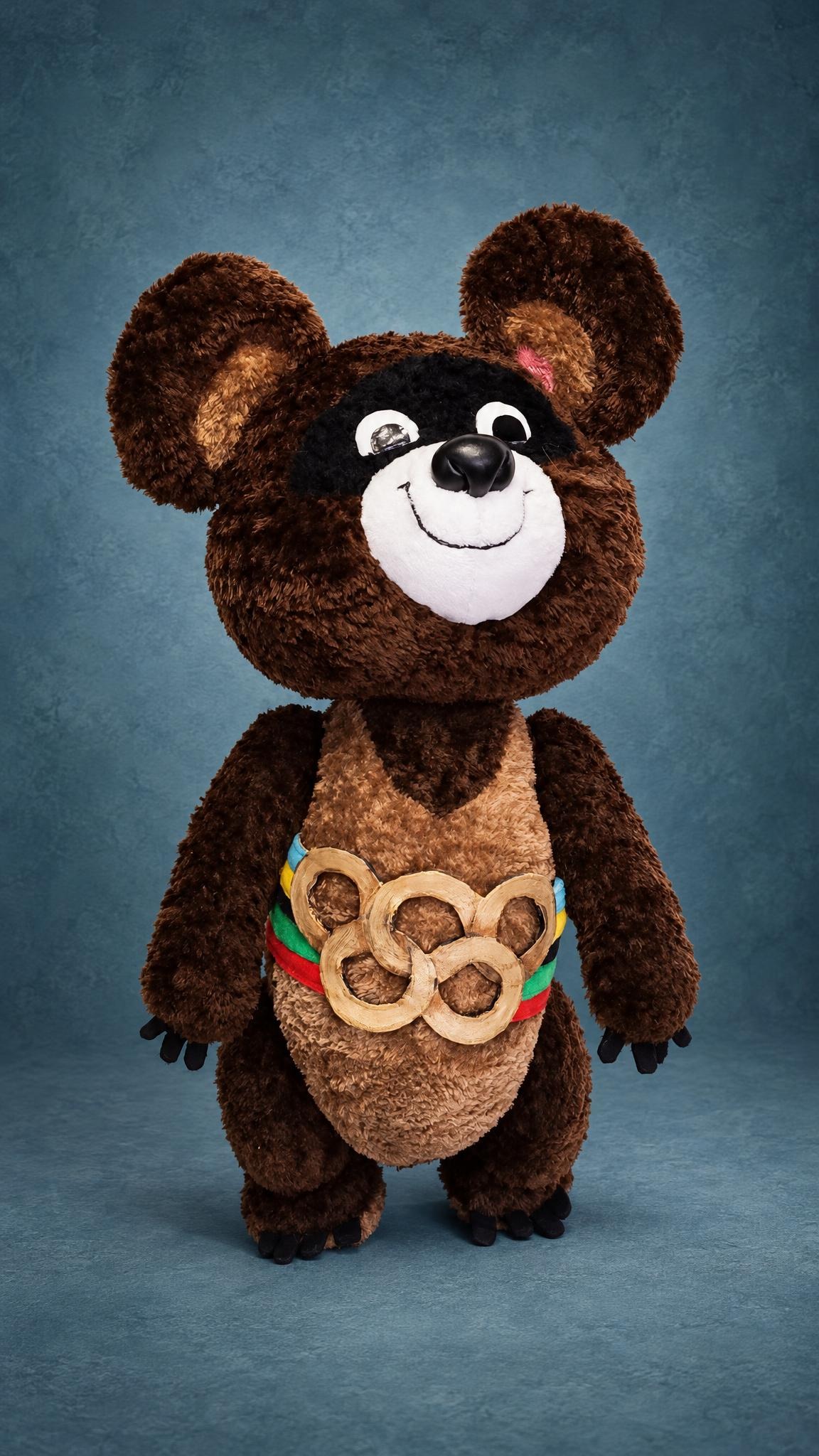 1980 Olympic bear plush Misha, handmade to order: white muzzle, stitched smile, gold Olympic-style rings