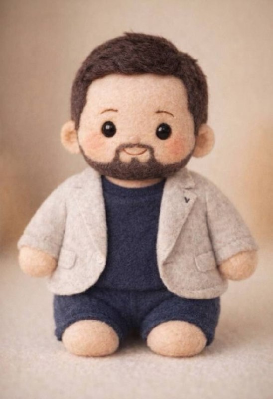 AI picture of a bearded man as a felt plush doll, the reference sent for his custom look-alike doll