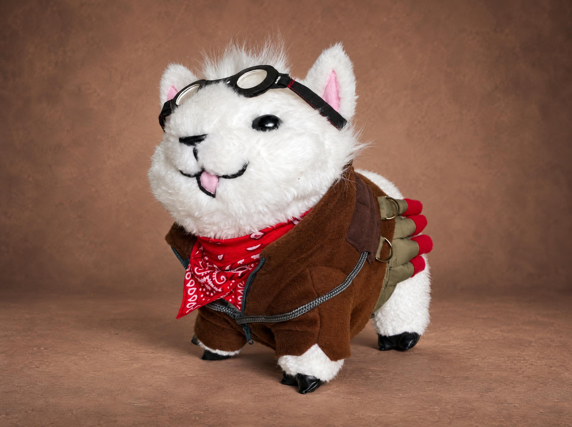 White alpaca plush handmade to order, in aviator goggles, a brown zip jacket and a red paisley bandana