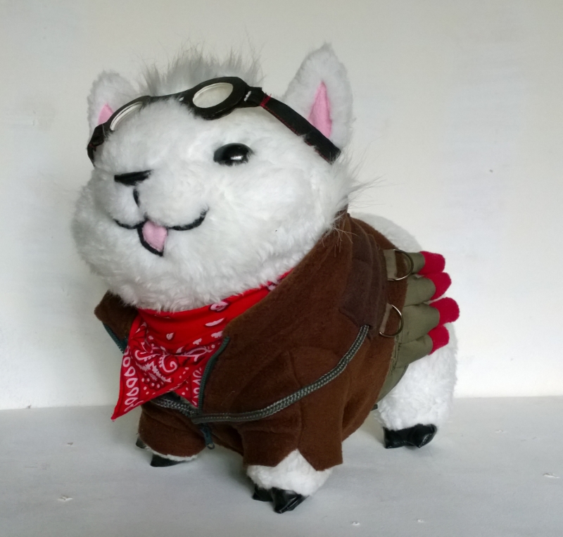 Alpaca plush toy in pilot goggles Alpaca plush toy made to order, white faux fur, pilot goggles, brown jacket and red bandana, grinning