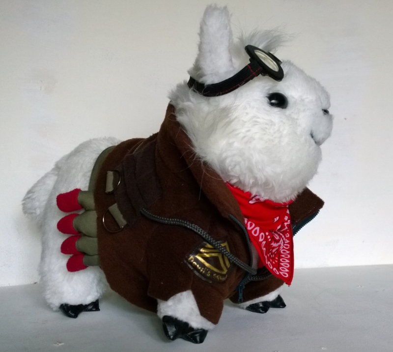 Alpaca stuffed animal in an aviator jacket Alpaca stuffed animal made to order, in a brown aviator jacket with a patch, goggles and a red bandana