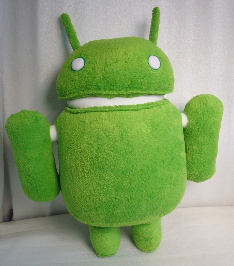 Android logo plush, sewn to order Android logo plush sewn to order: green robot with raised capsule arms, antennae and white appliqué eyes